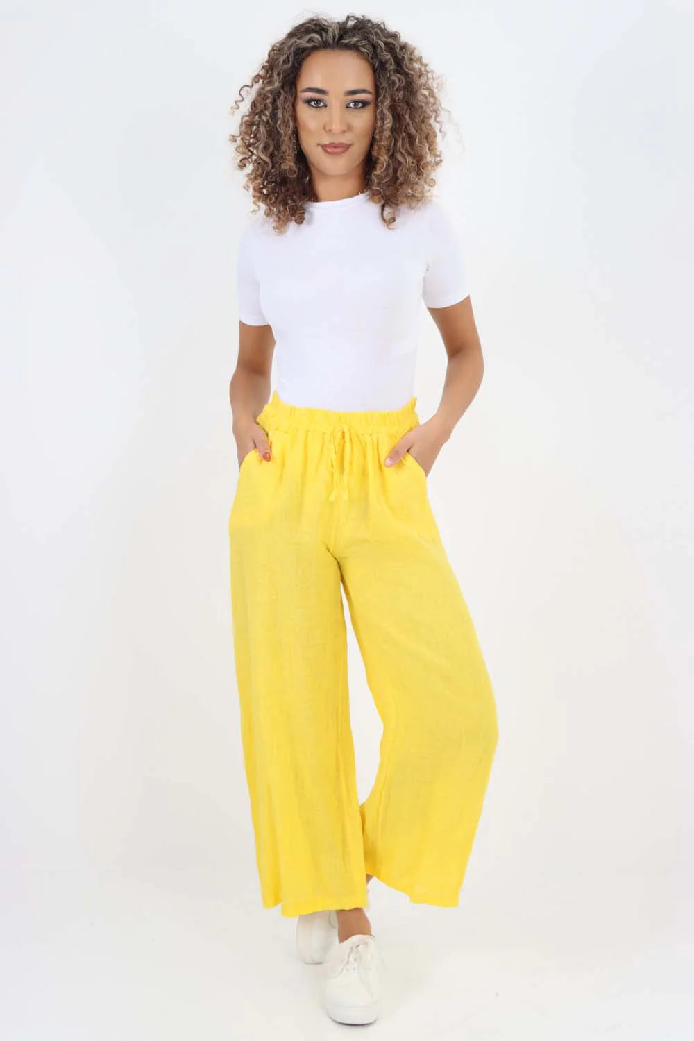 Italian Plain Linen Palazzo Trouser - Yellow