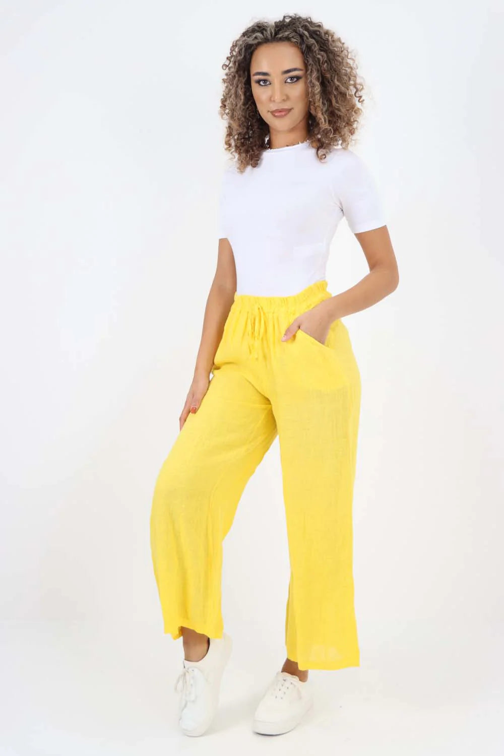 Italian Plain Linen Palazzo Trouser - Yellow