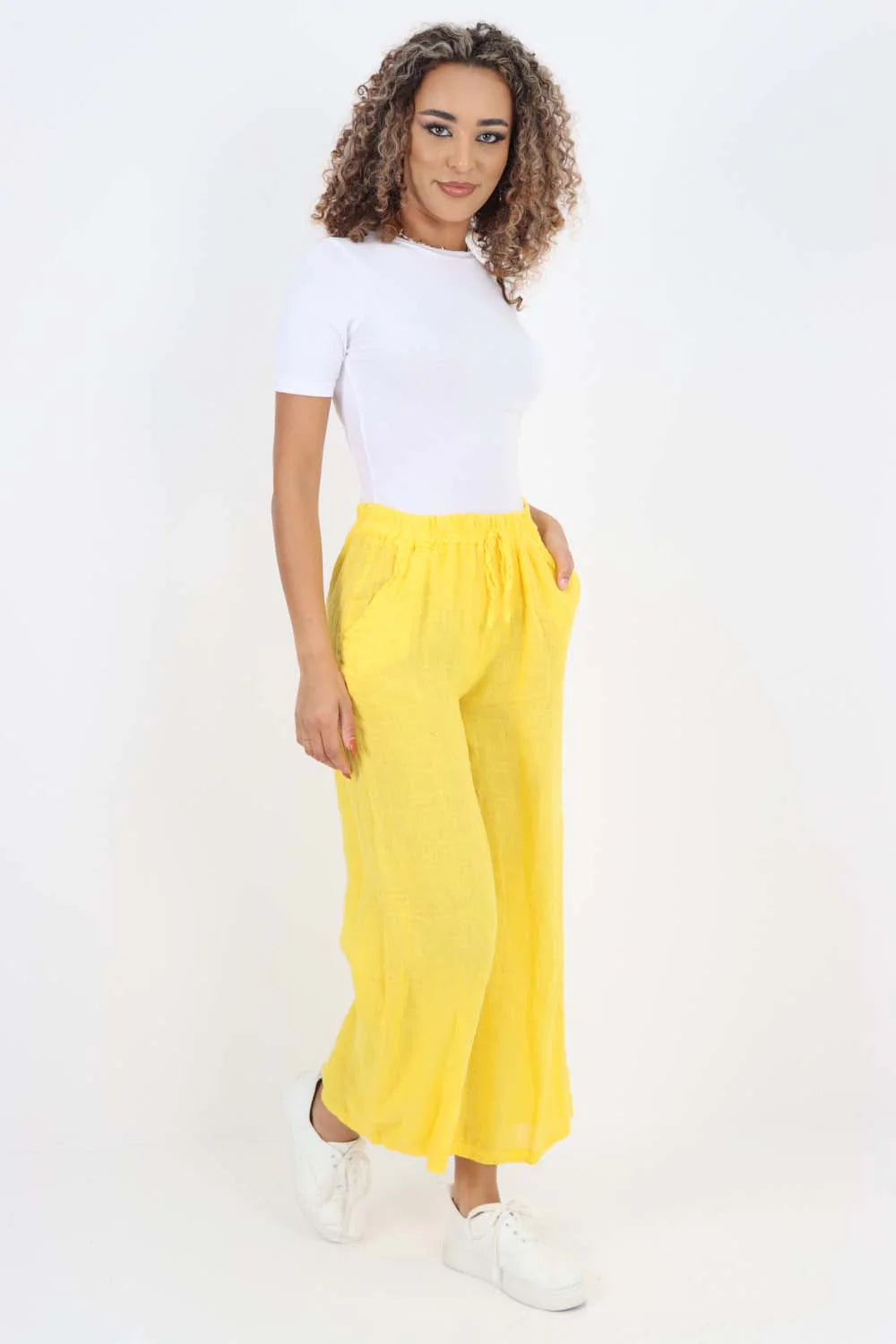 Italian Plain Linen Palazzo Trouser - Yellow