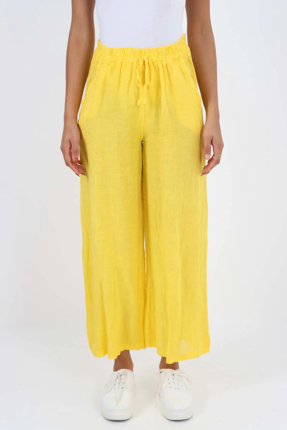 Italian Plain Linen Palazzo Trouser - Yellow