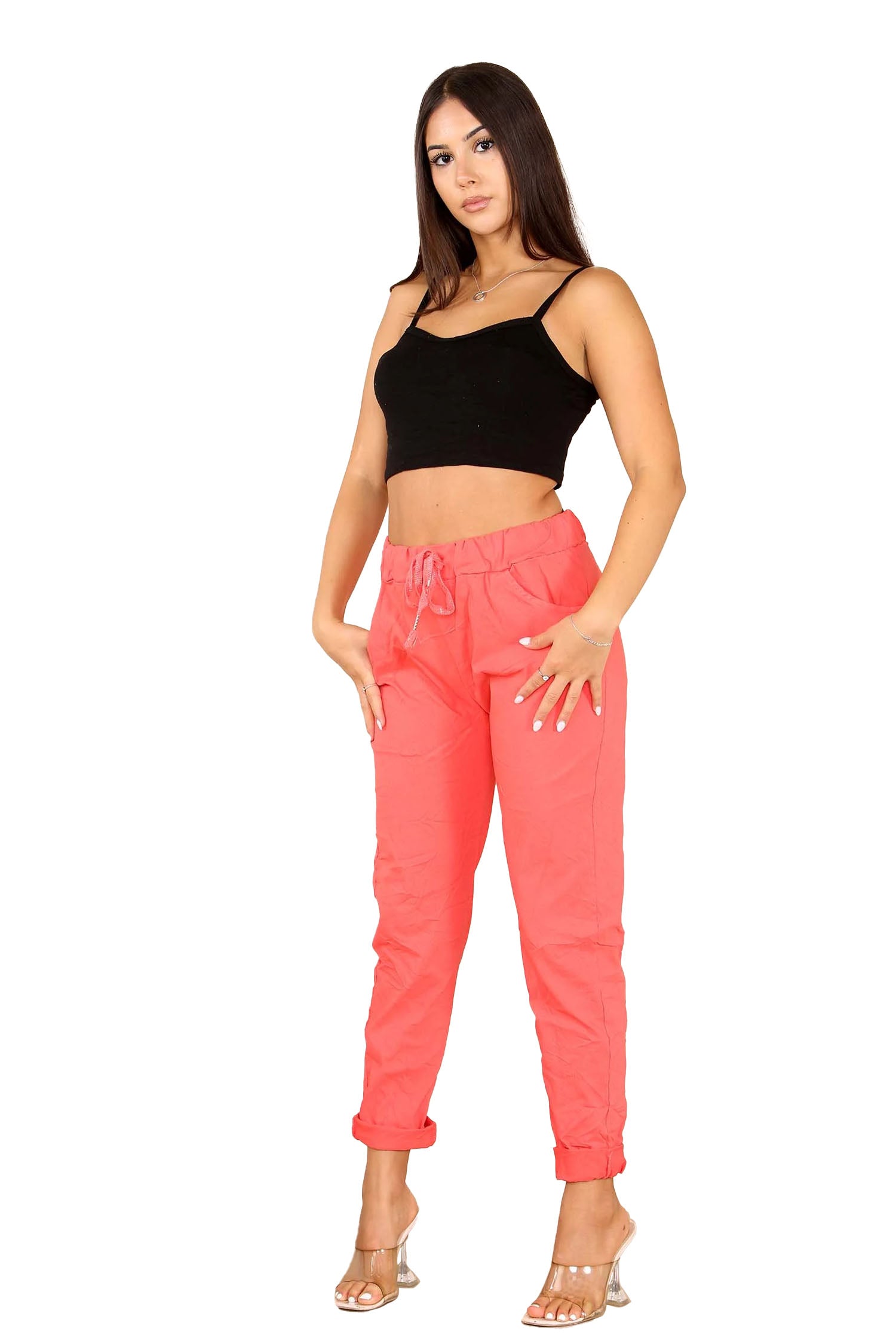 Italian Glitter Drawstring Waistband Magic Pants - Coral