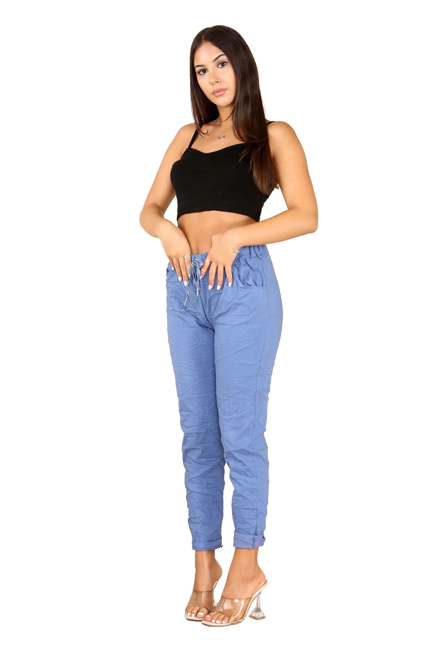 Italian Glitter Drawstring Waistband Magic Pants - Denim Blue