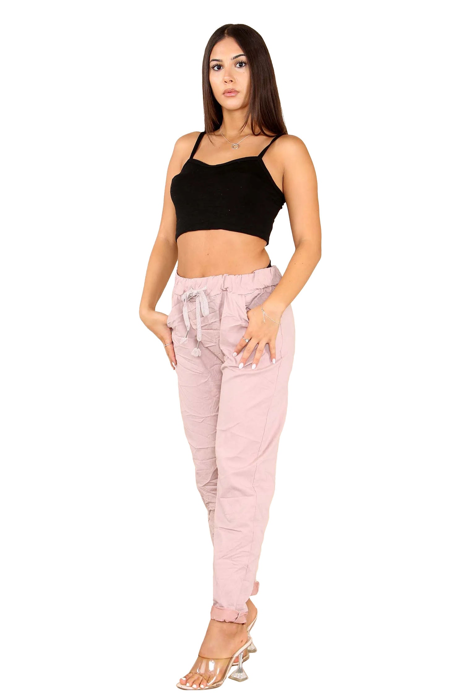 Italian Glitter Drawstring Waistband Magic Pants - Dusky Pink