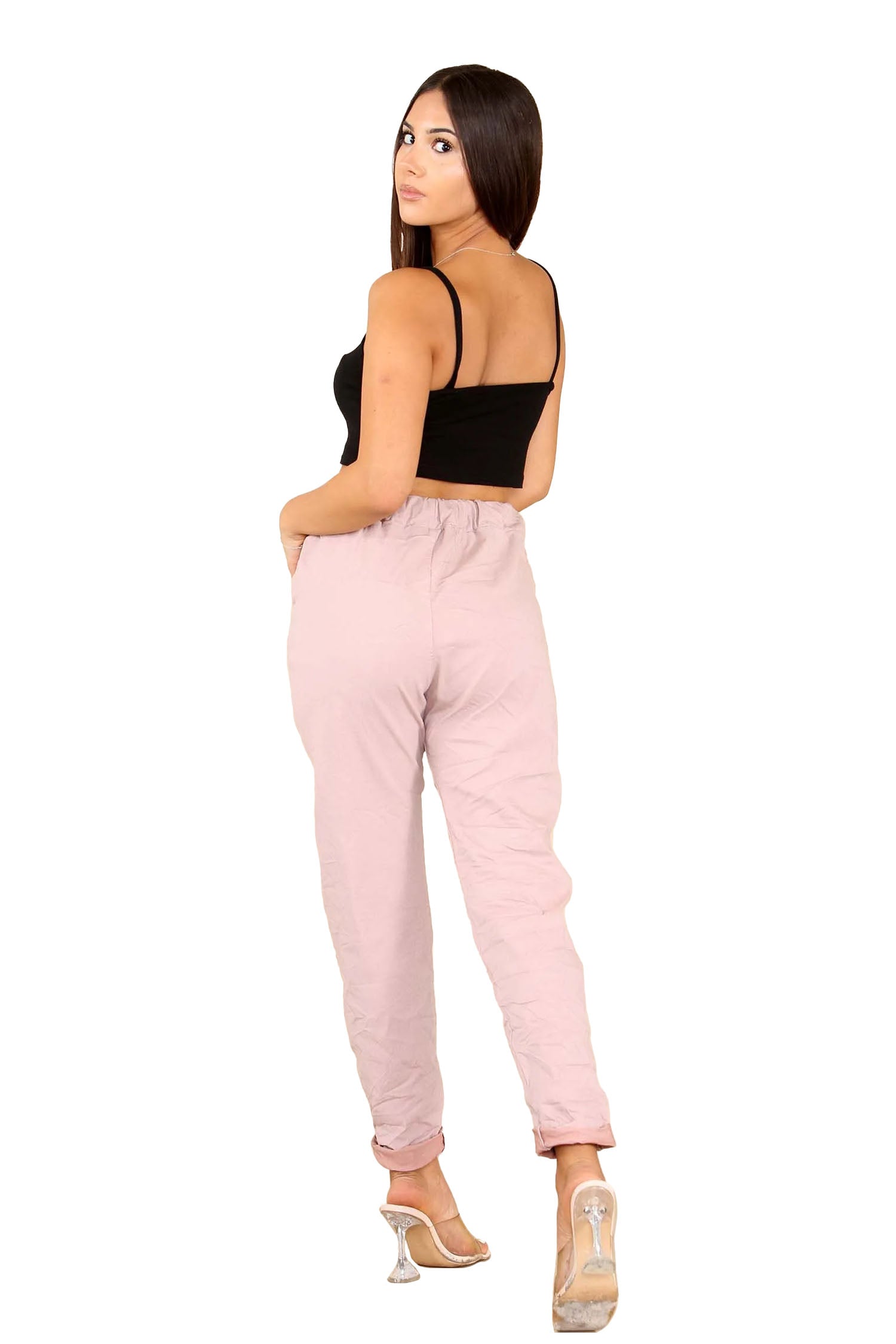 Italian Glitter Drawstring Waistband Magic Pants - Dusky Pink