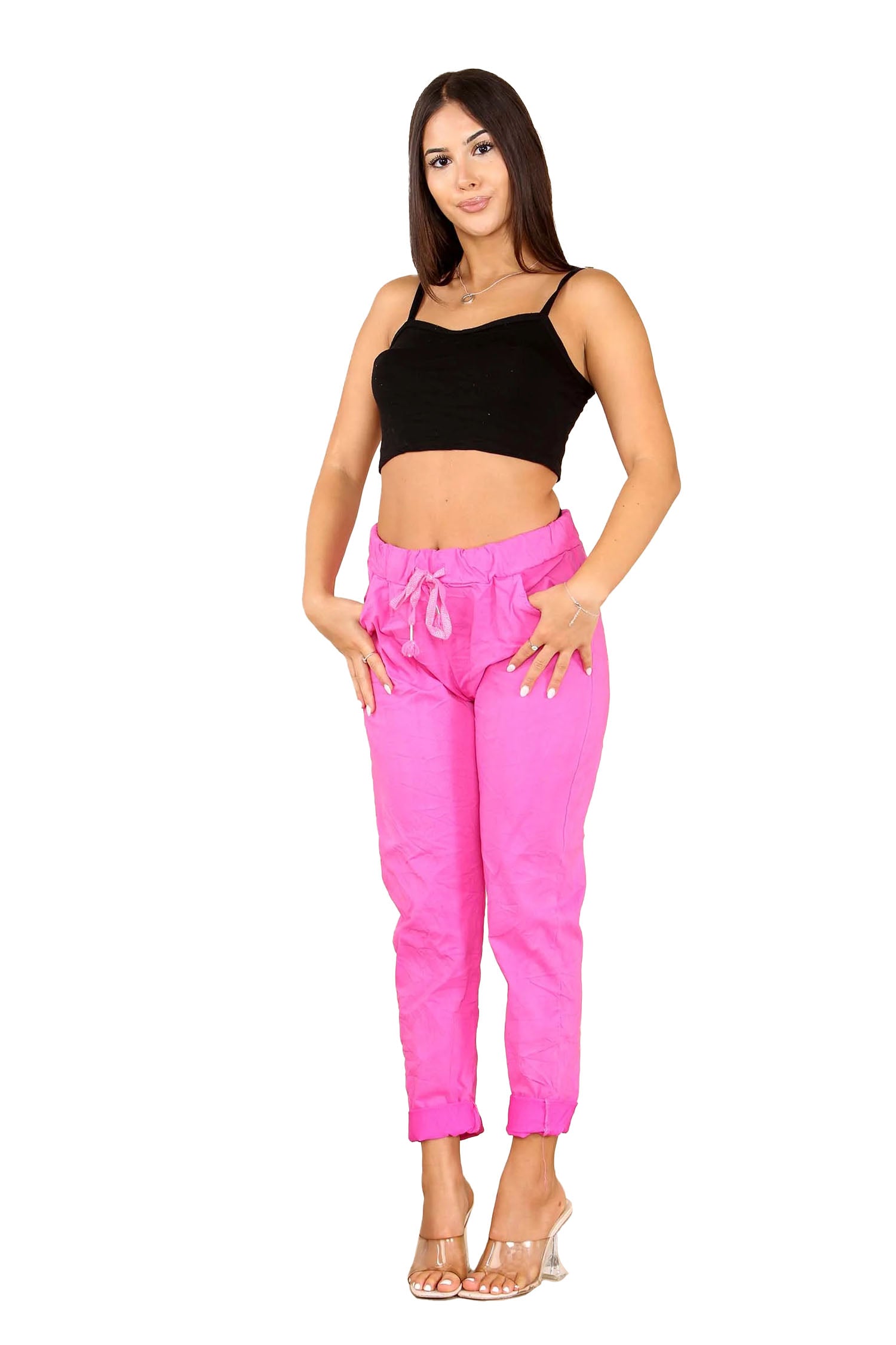 Italian Glitter Drawstring Waistband Magic Pants - Fuchsia