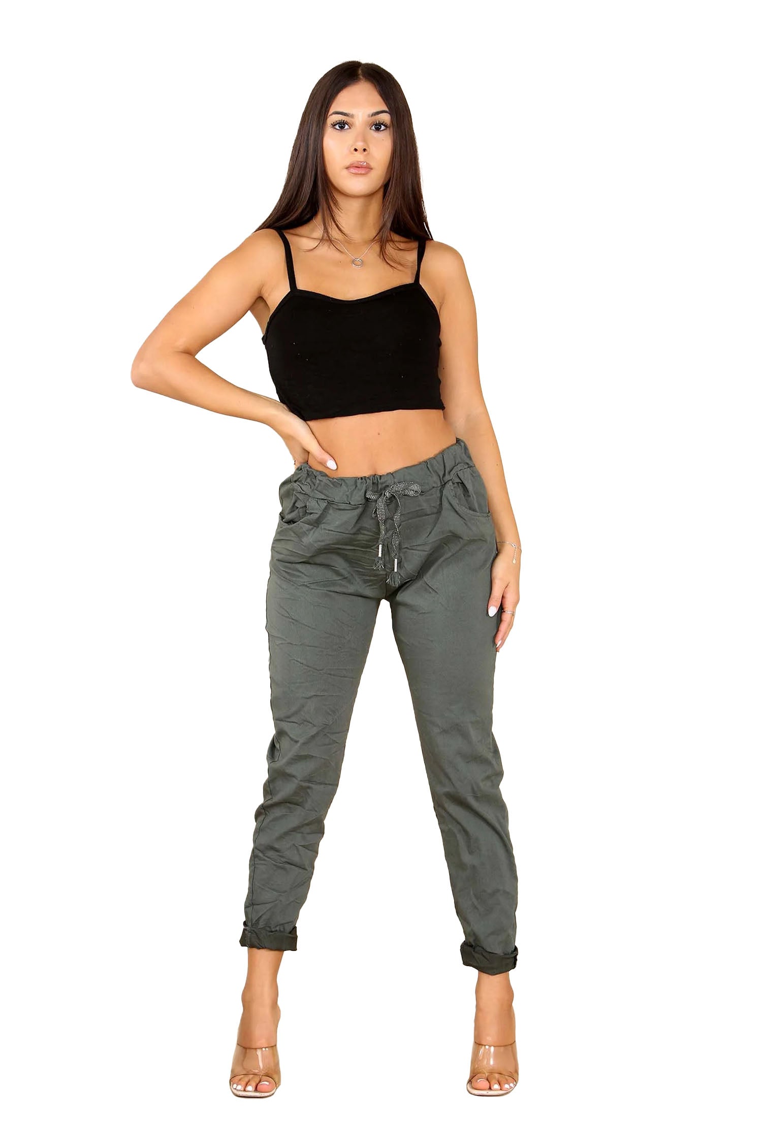 Italian Glitter Drawstring Waistband Magic Pants - Khaki