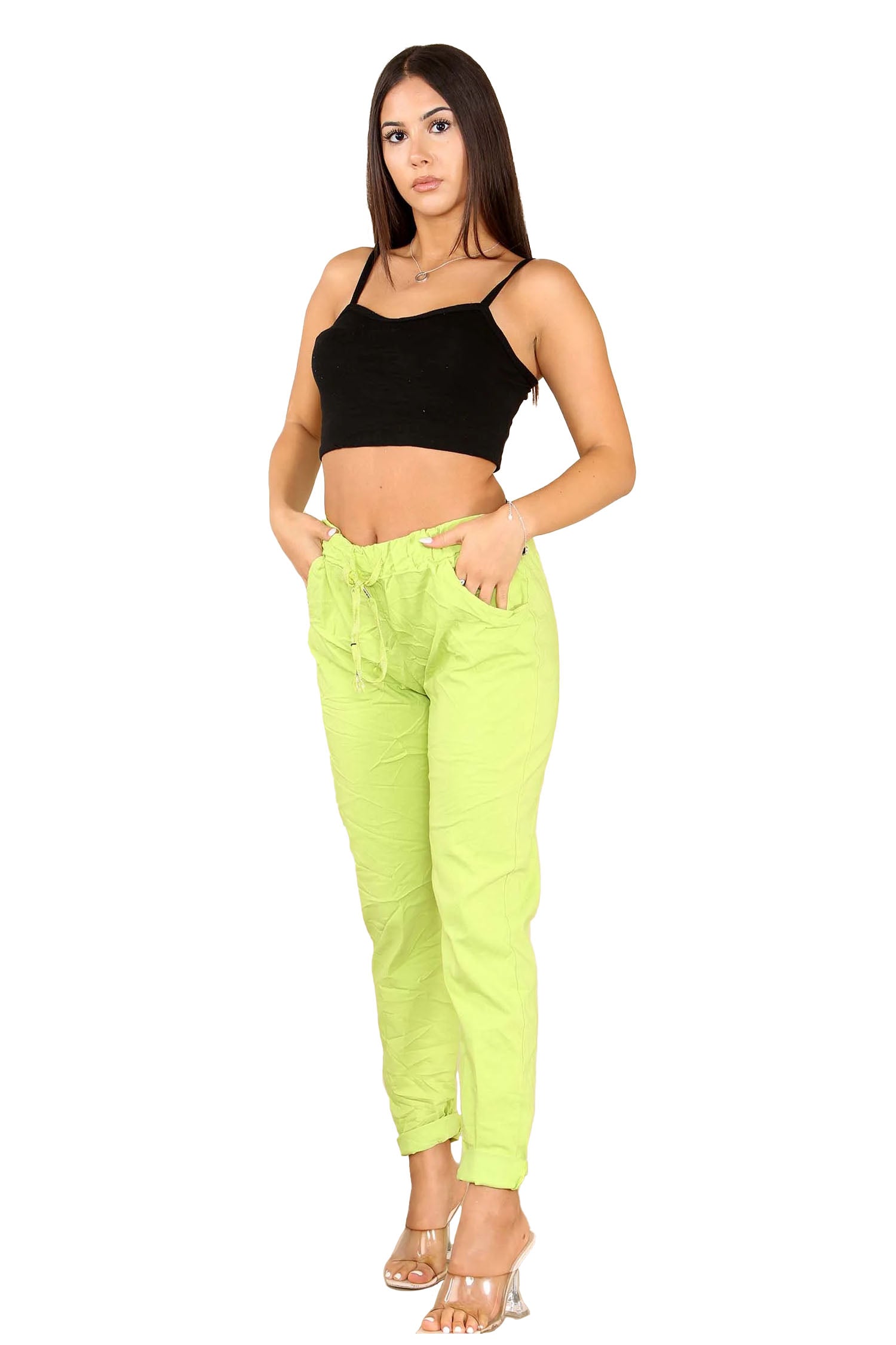 Italian Glitter Drawstring Waistband Magic Pants - Lemon