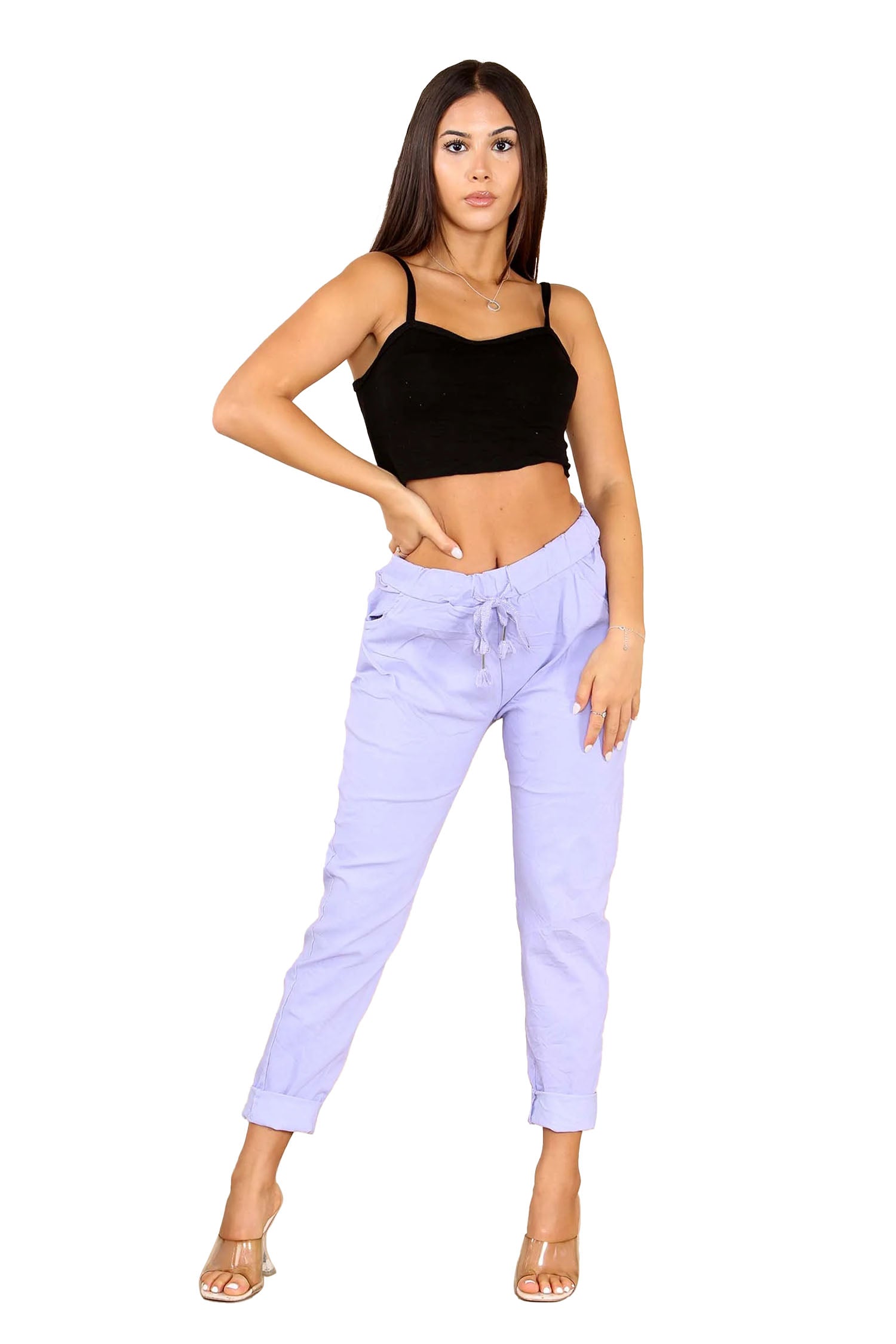 Italian Glitter Drawstring Waistband Magic Pants - Lilac