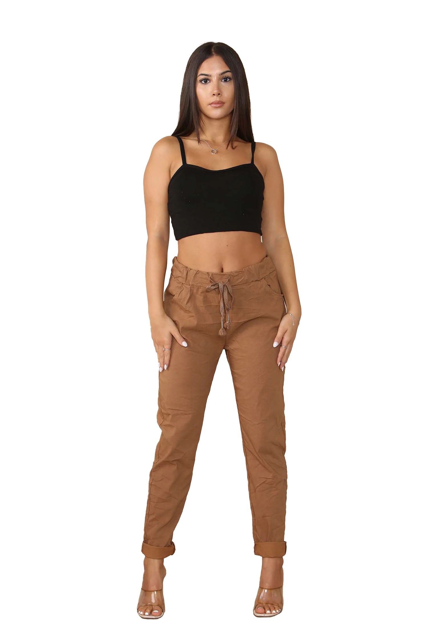 Italian Glitter Drawstring Waistband Magic Pants - Mocha