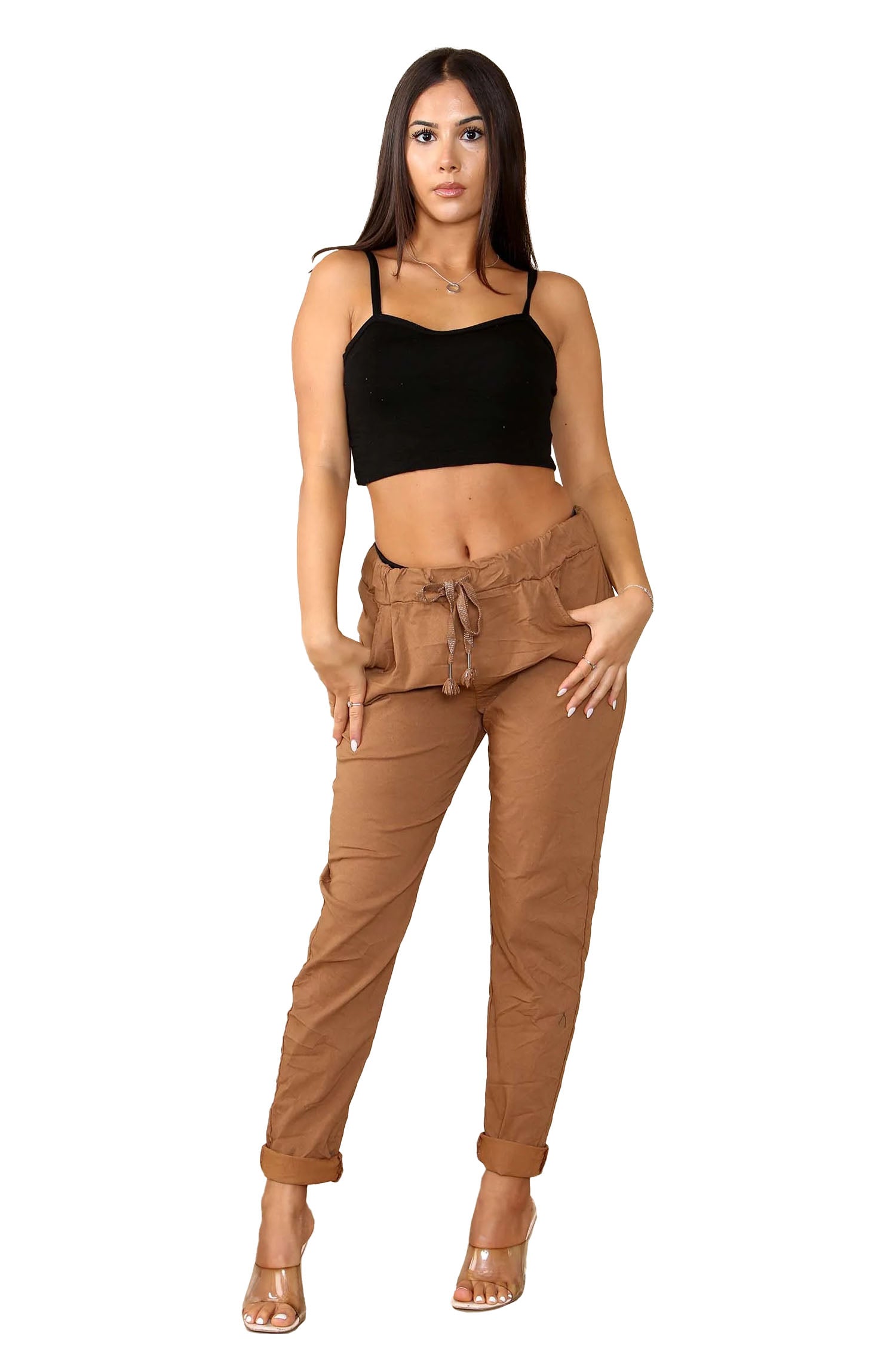 Italian Glitter Drawstring Waistband Magic Pants - Mocha