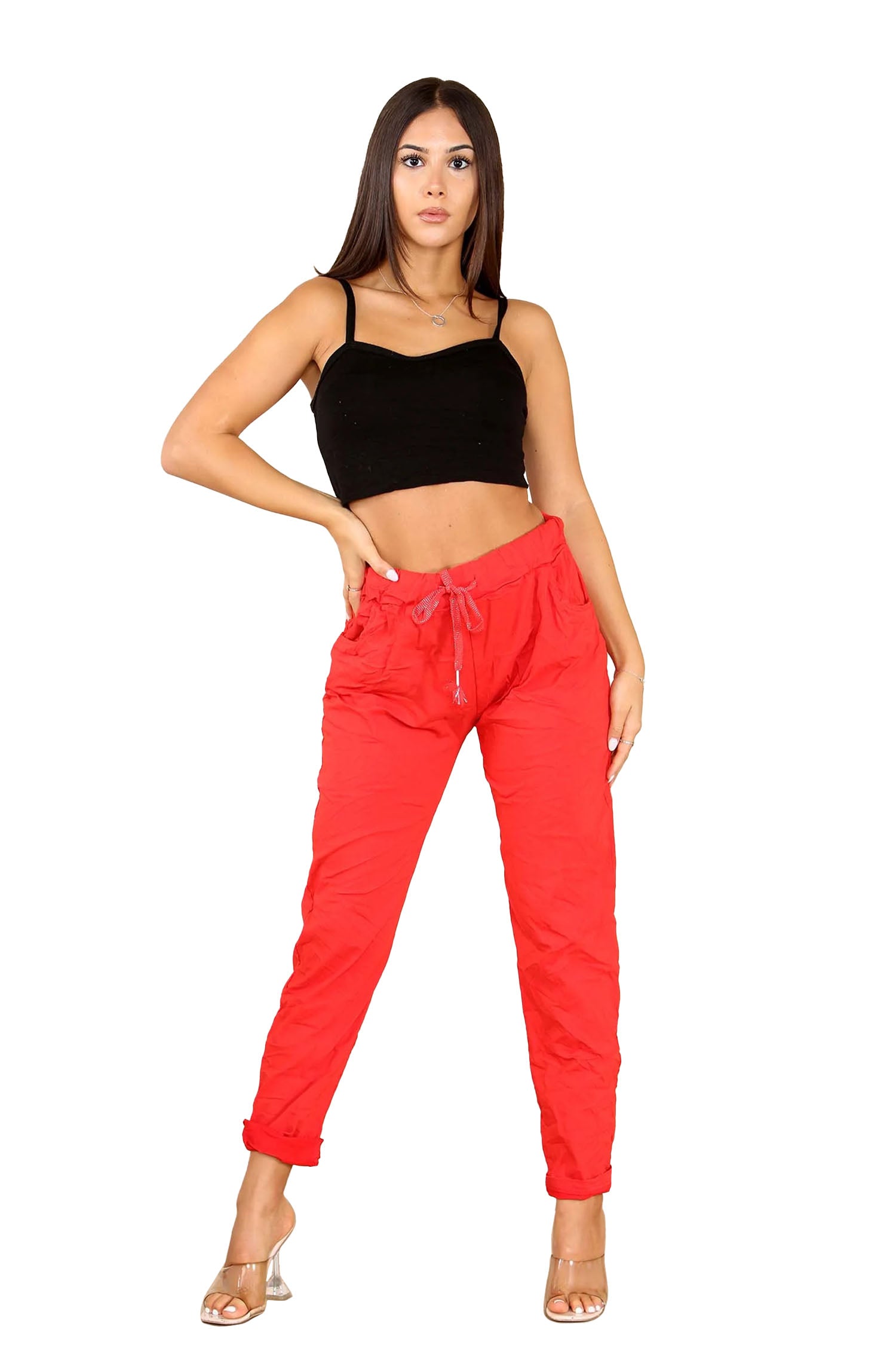 Italian Glitter Drawstring Waistband Magic Pants - Red