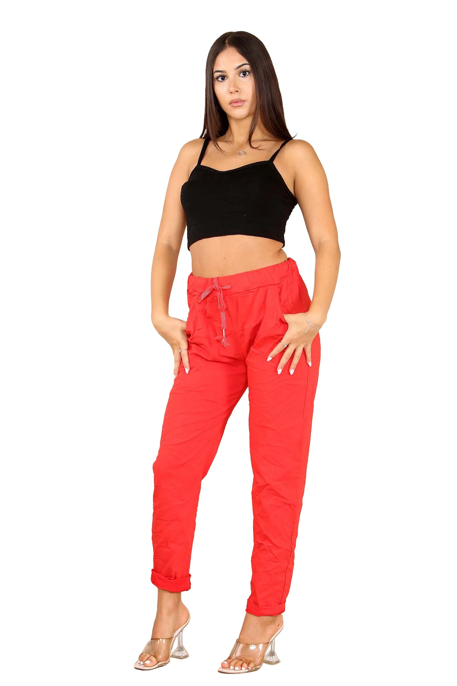 Italian Glitter Drawstring Waistband Magic Pants - Red