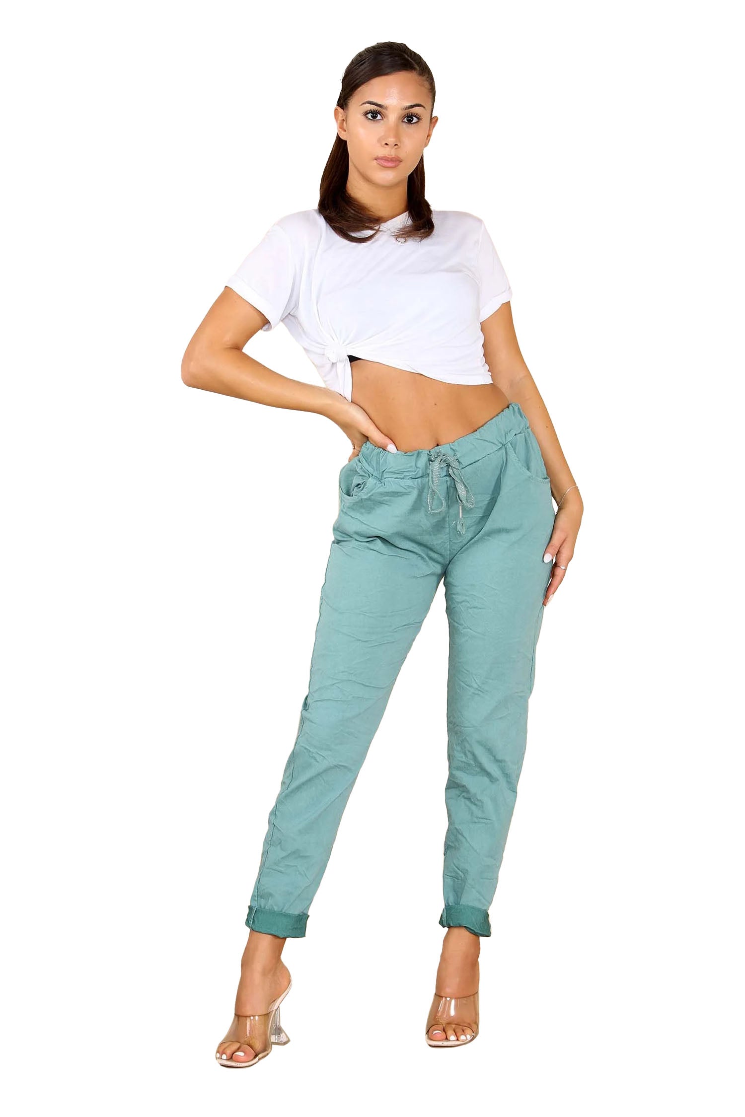 Italian Glitter Drawstring Waistband Magic Pants - Sea Green