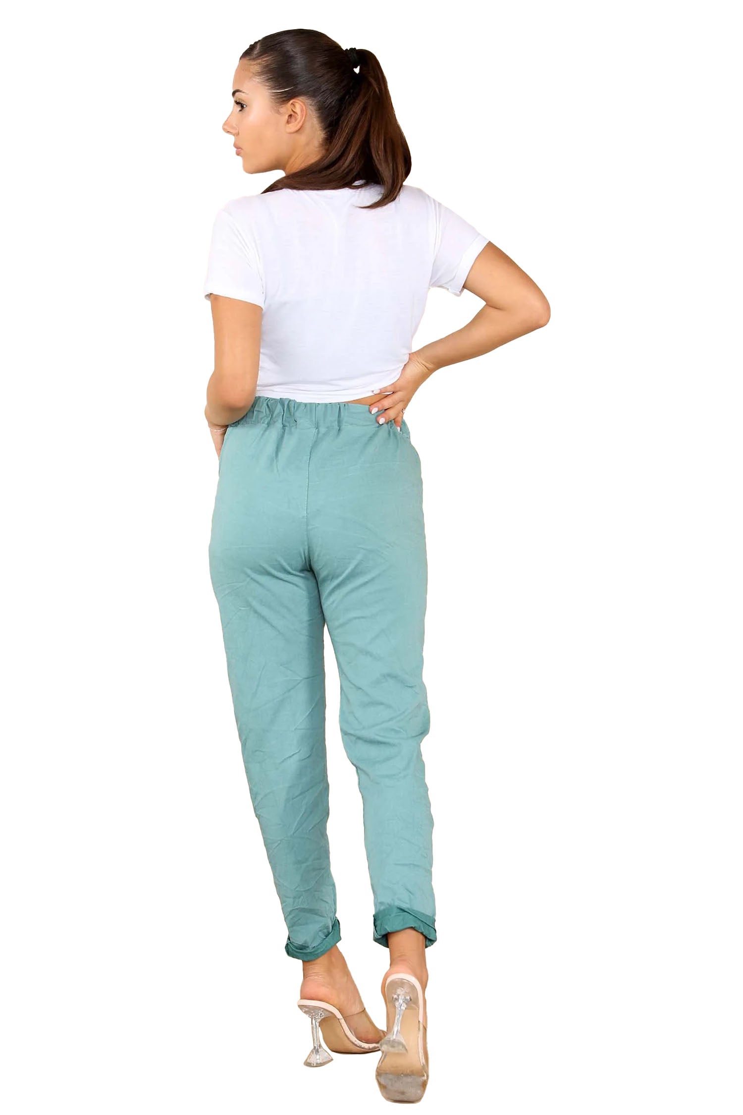 Italian Glitter Drawstring Waistband Magic Pants - Sea Green