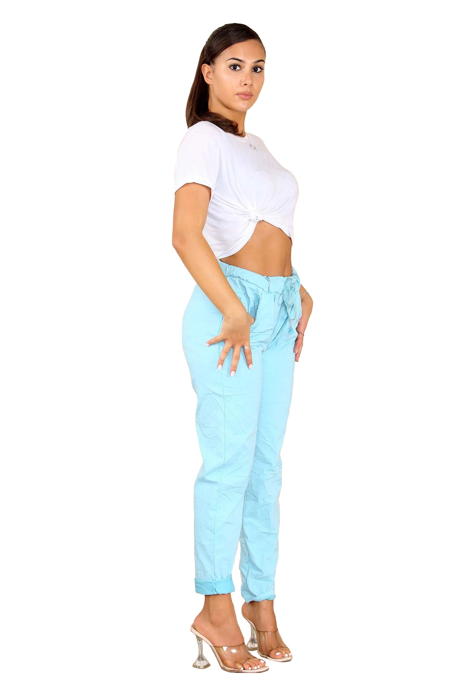 Italian Glitter Drawstring Waistband Magic Pants - Sky Blue