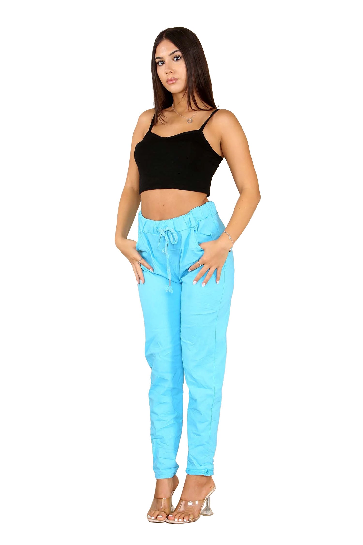 Italian Glitter Drawstring Waistband Magic Pants - Turquoise