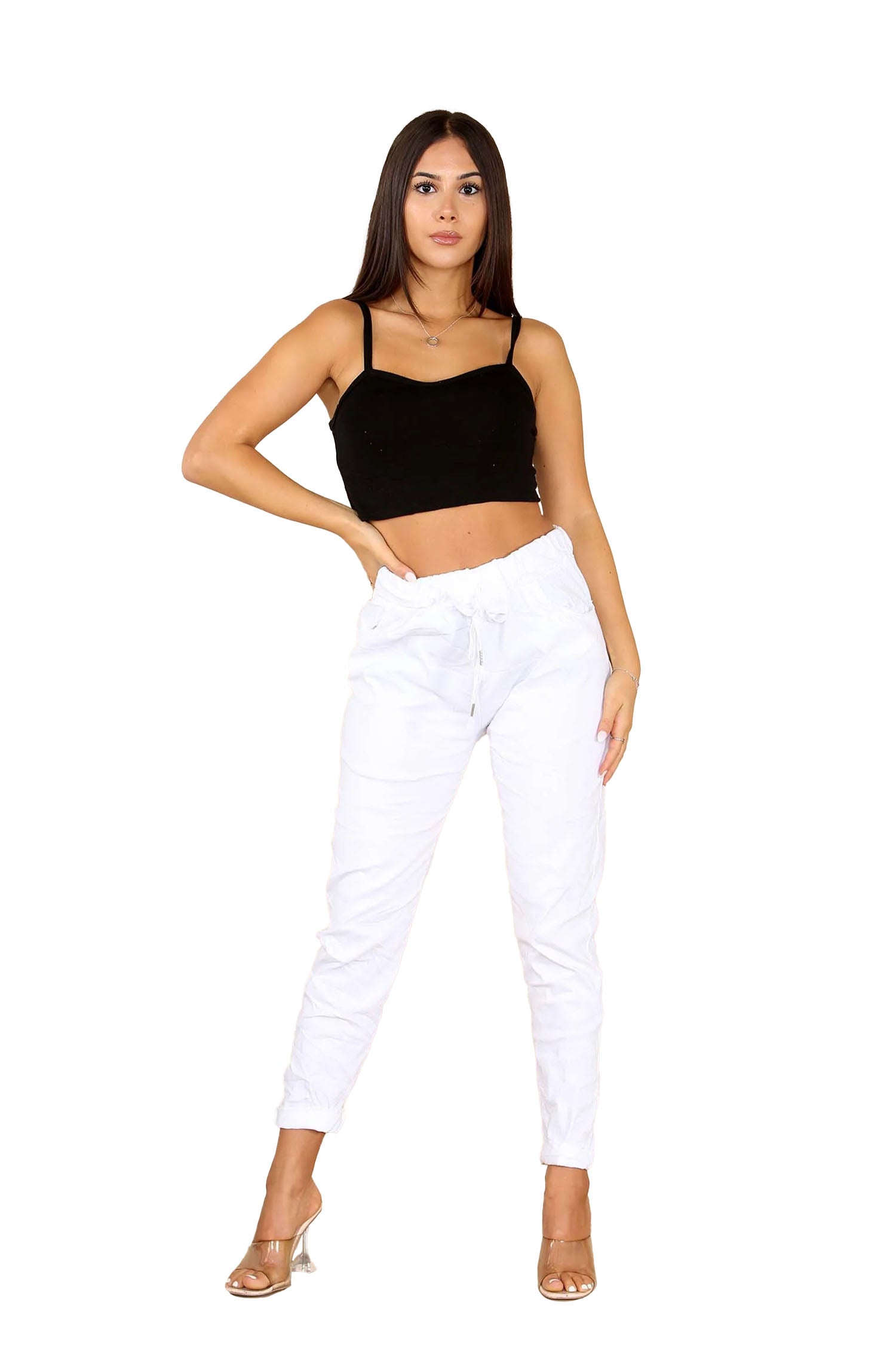 Italian Glitter Drawstring Waistband Magic Pants - White