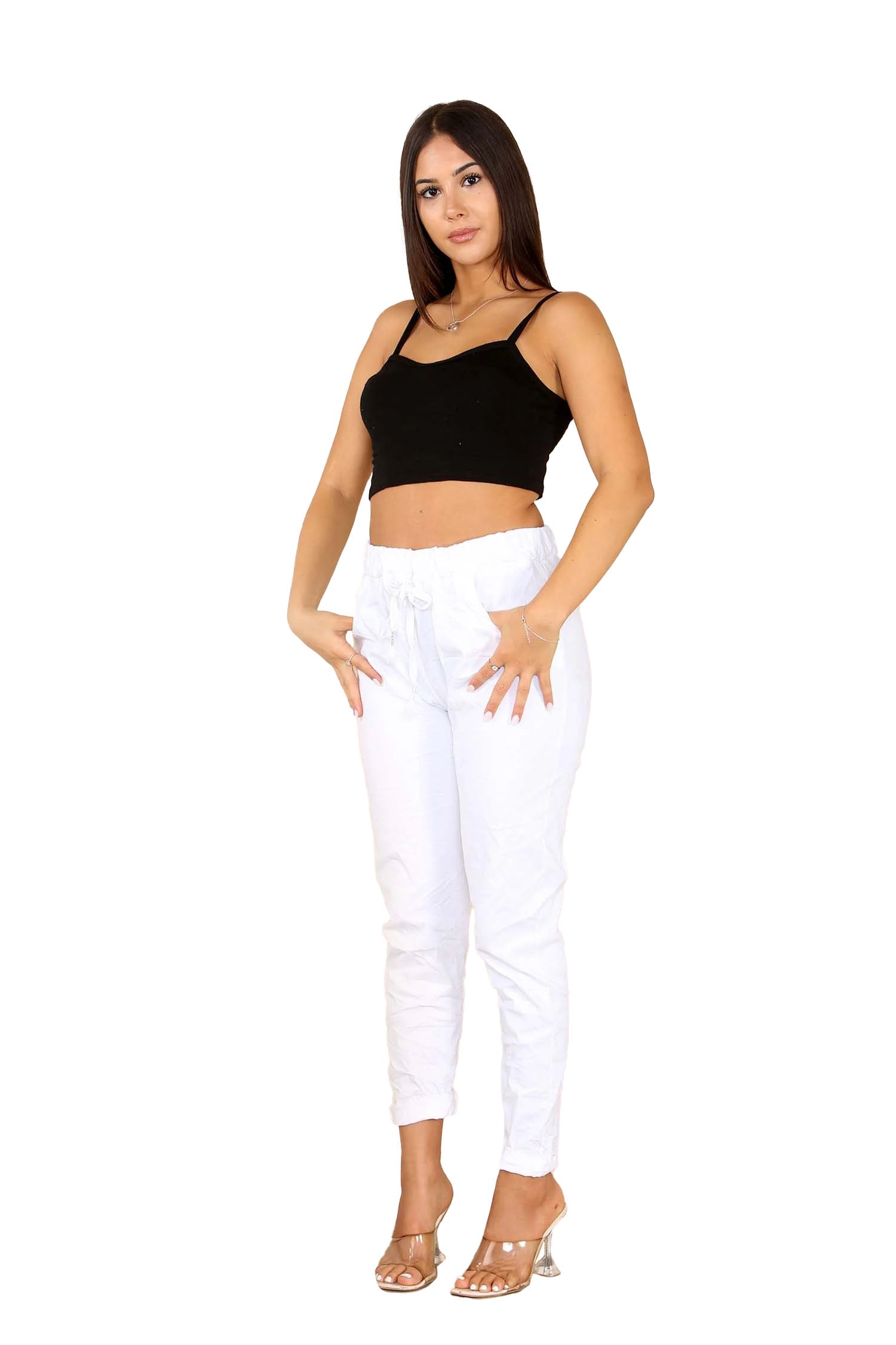 Italian Glitter Drawstring Waistband Magic Pants - White