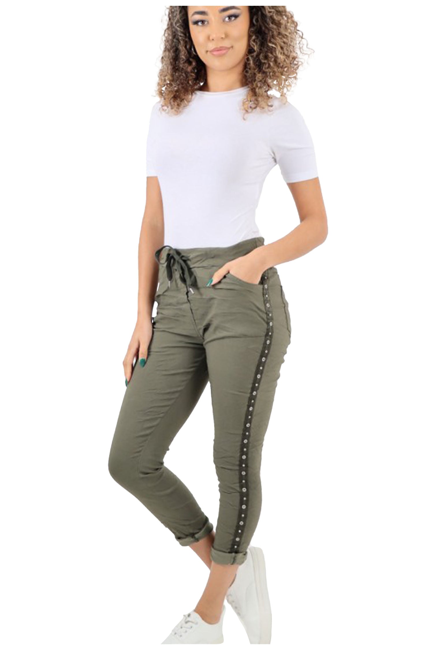 Italian Drawstring Diamante Panel Elasticated Magic Pants - Army Green