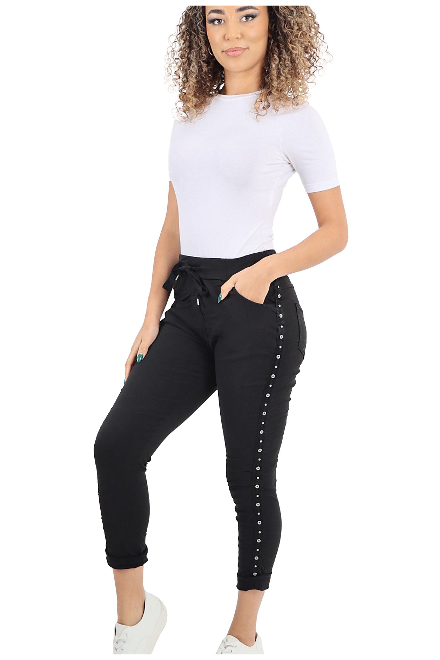 Italian Drawstring Diamante Panel Elasticated Magic Pants - Black