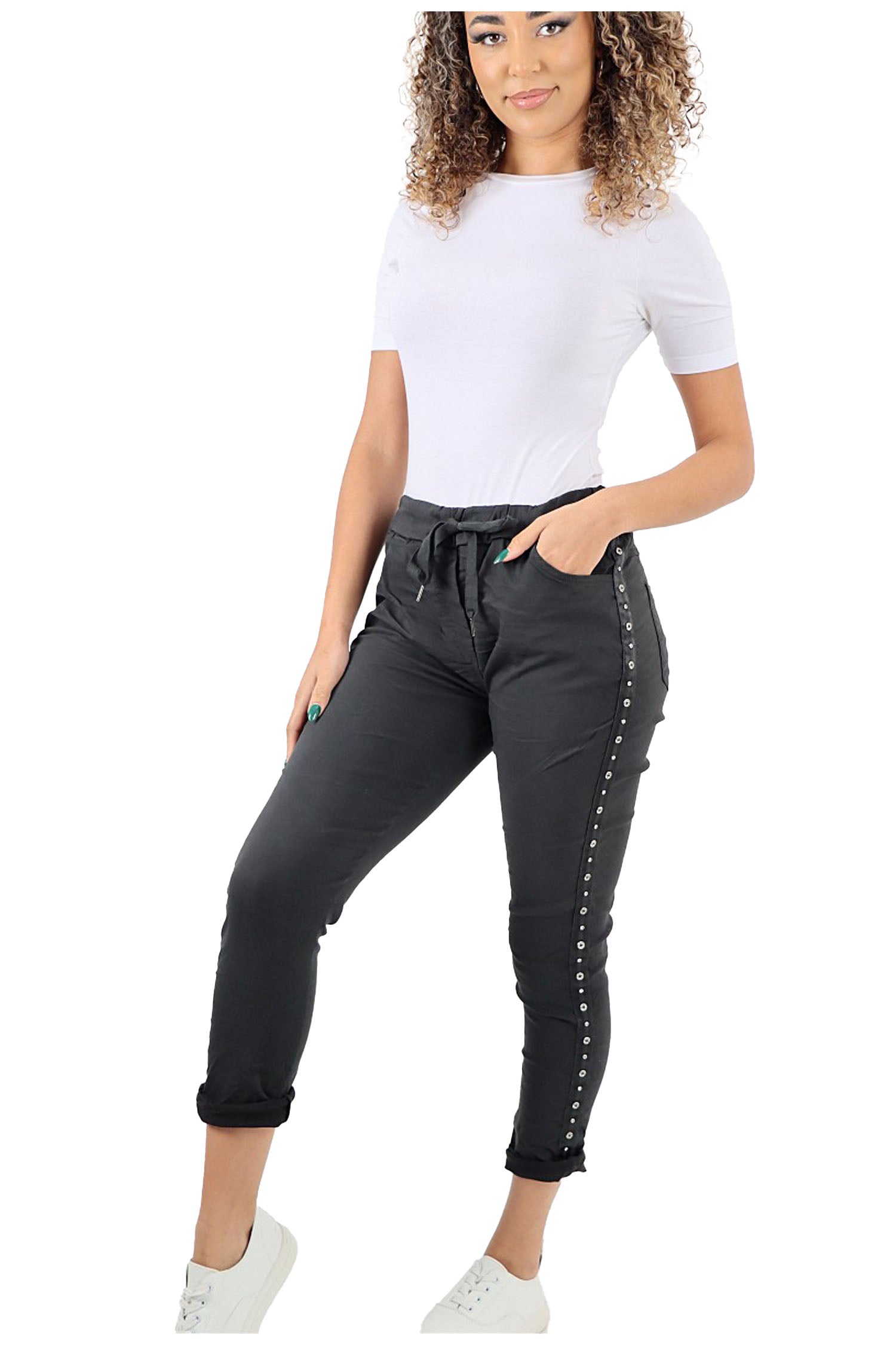 Italian Drawstring Diamante Panel Elasticated Magic Pants - Charcoal