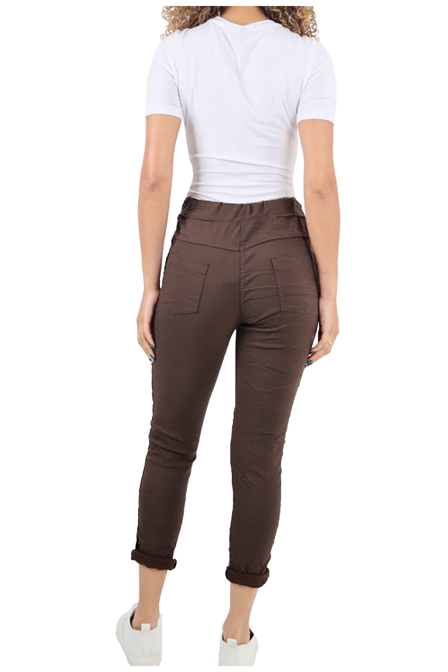 Italian Drawstring Diamante Panel Elasticated Magic Pants - Chocolate