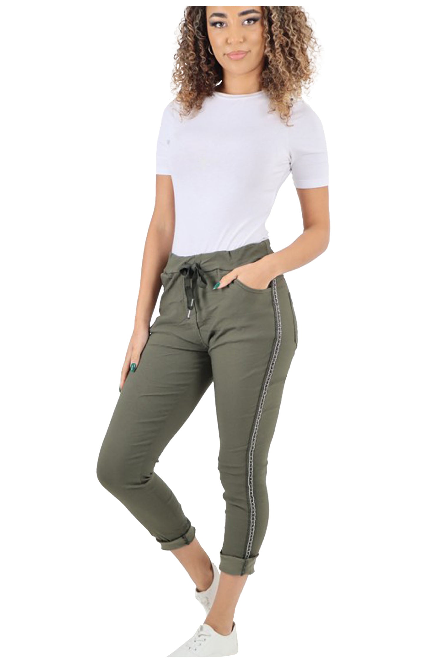 Italian Diamante Stripe Elasticated Trousers - Khaki