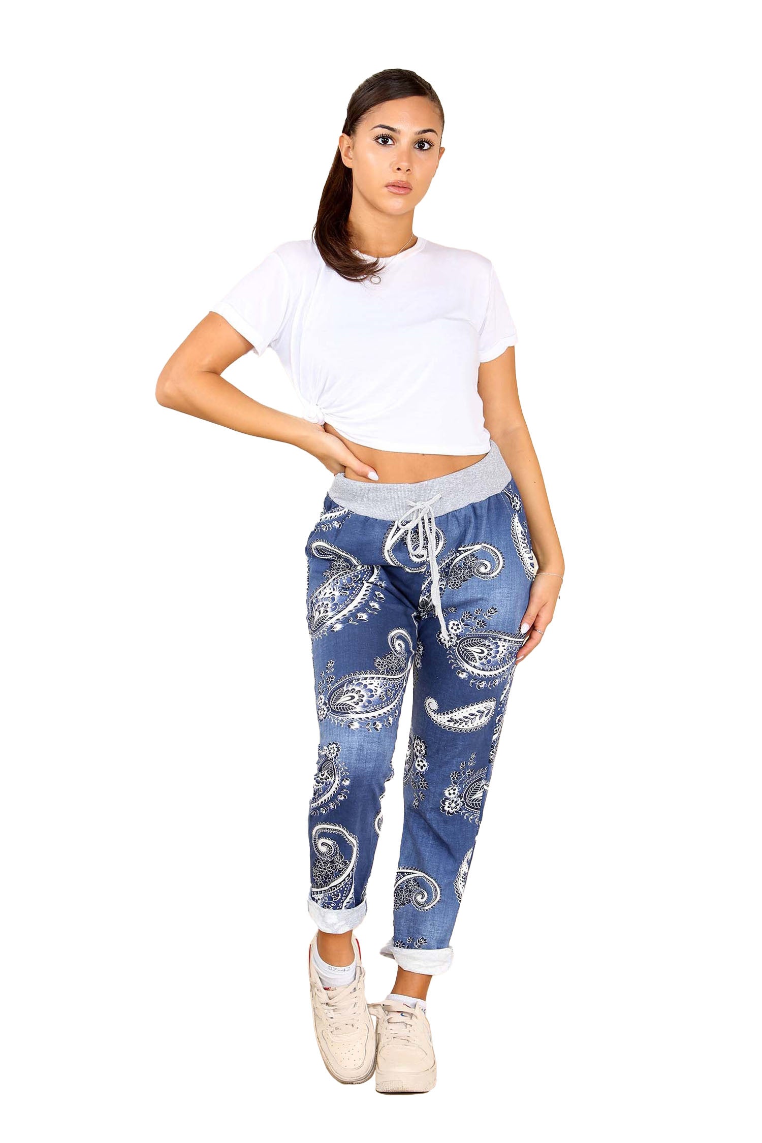 Italian Paisley Print Drawstring Cotton Joggers - Dark Denim