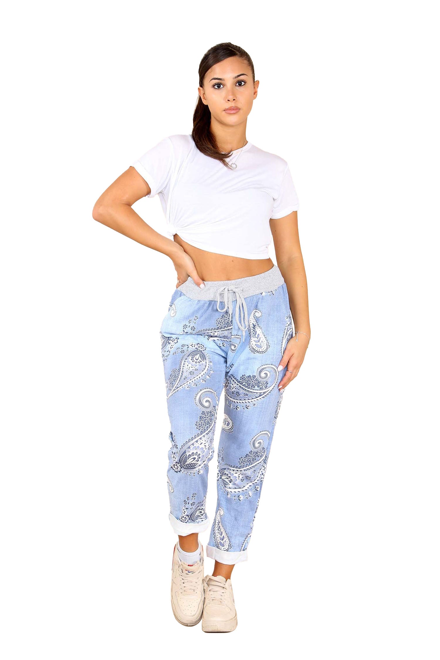 Italian Paisley Print Drawstring Cotton Joggers - Lite Denim