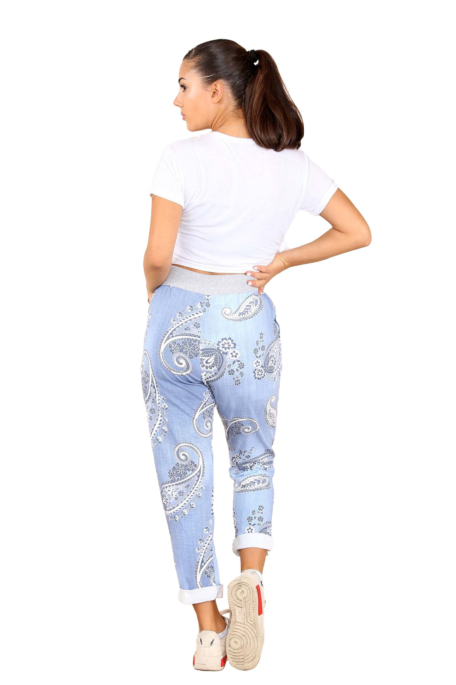 Italian Paisley Print Drawstring Cotton Joggers - Lite Denim