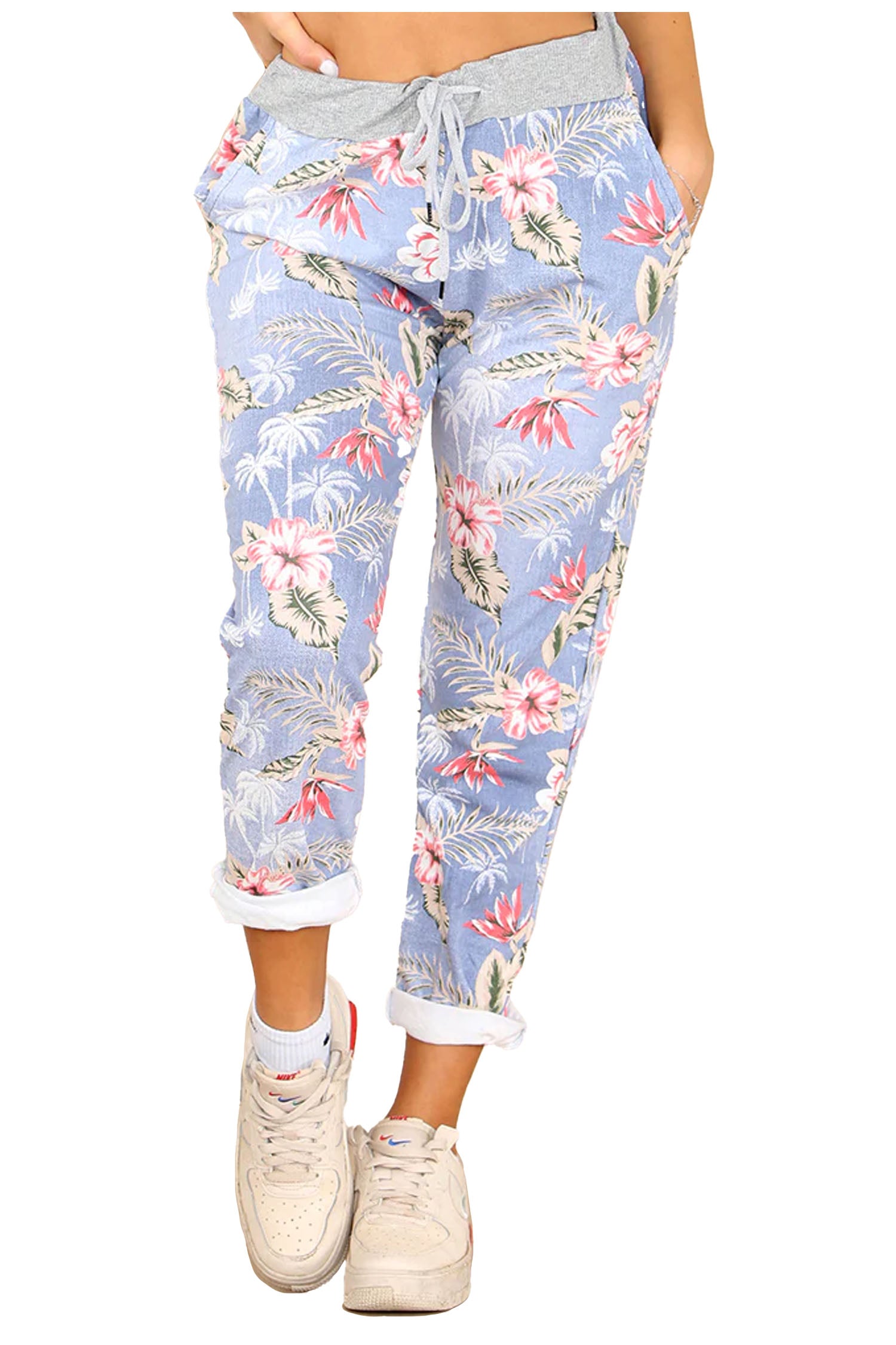 Italian Palm Tree Print Drawstring Cotton Joggers - Sky Blue