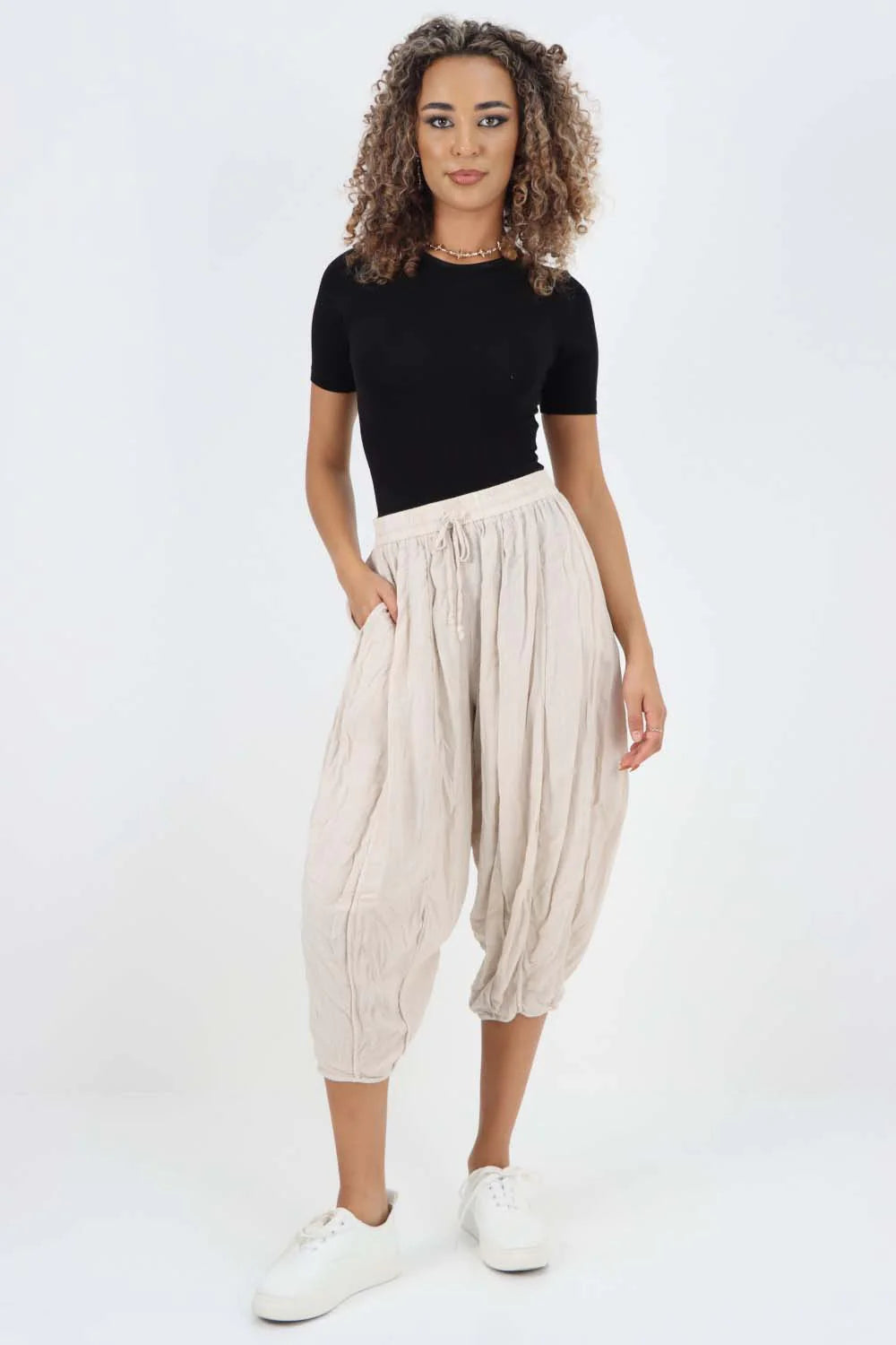 Italian Panelled 3/4 Length Linen Joggers - Nude