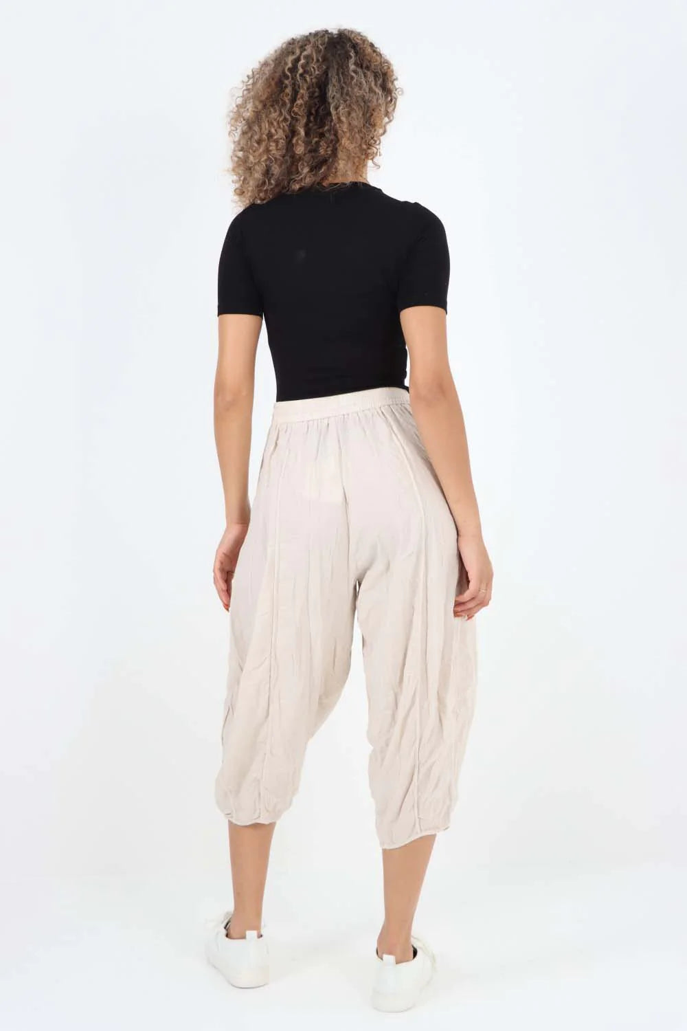 Italian Panelled 3/4 Length Linen Joggers - Nude