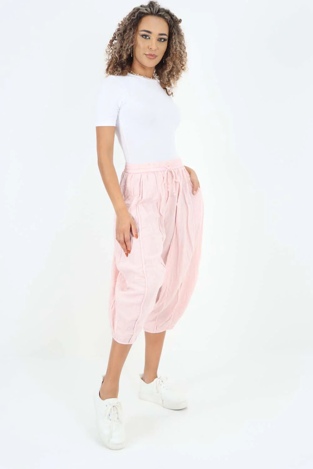 Italian Panelled 3/4 Length Linen Joggers - Baby Pink