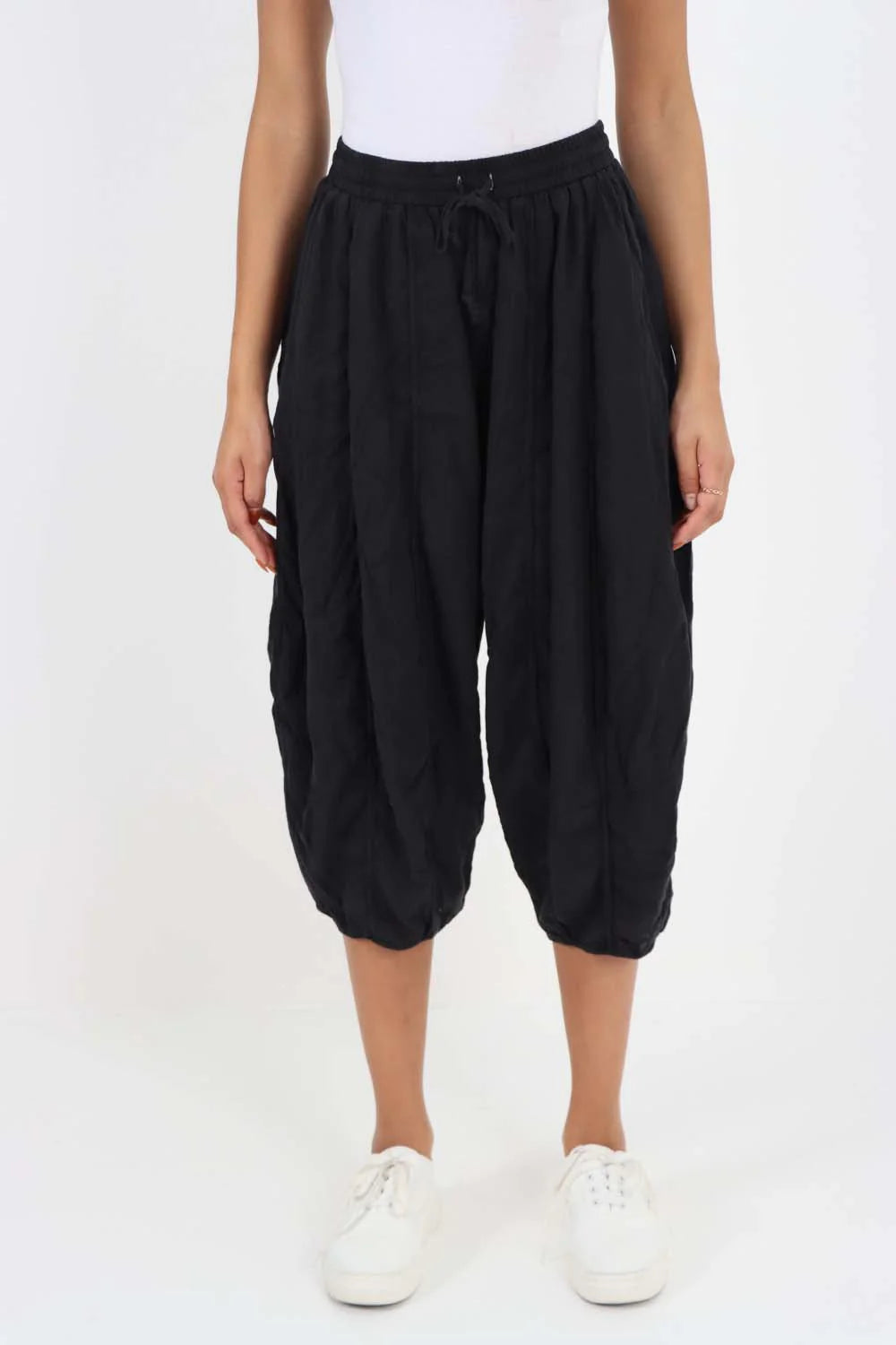 Italian Panelled 3/4 Length Linen Joggers - Black