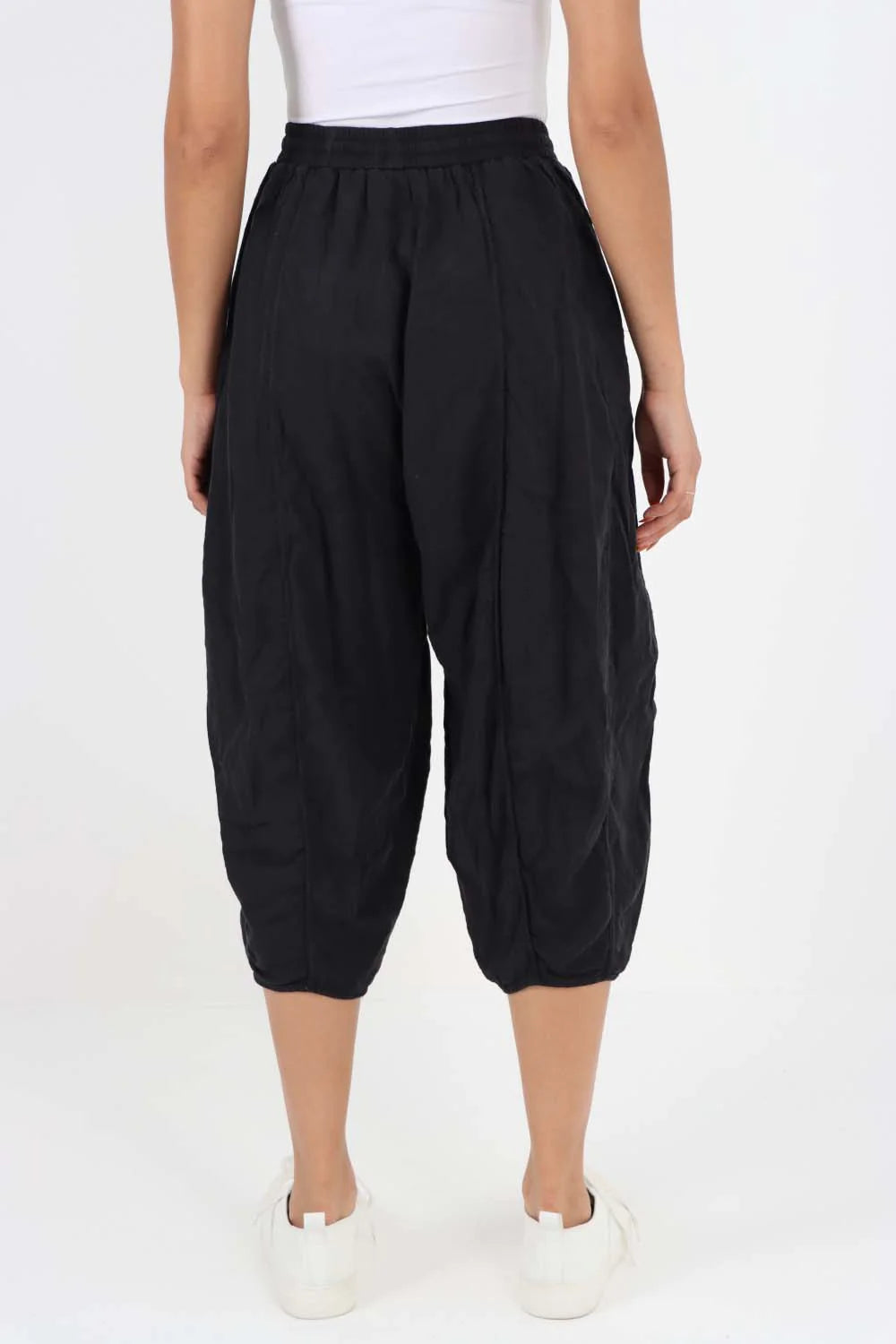 Italian Panelled 3/4 Length Linen Joggers - Black