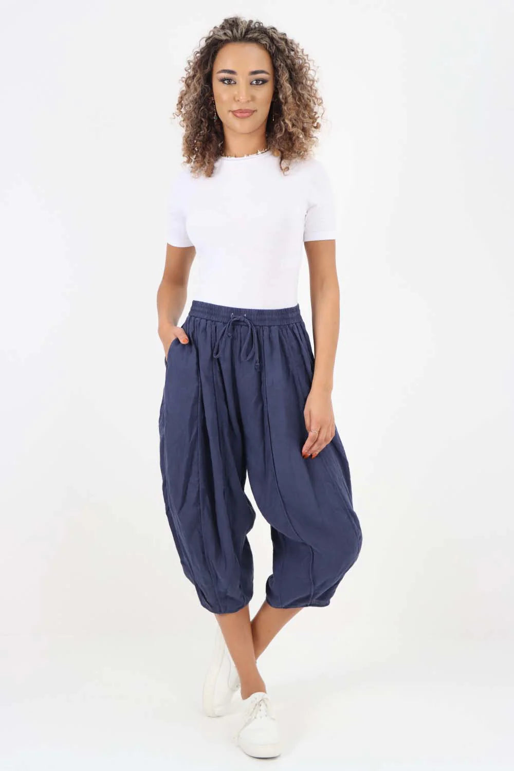 Italian Panelled 3/4 Length Linen Joggers - Dark Denim