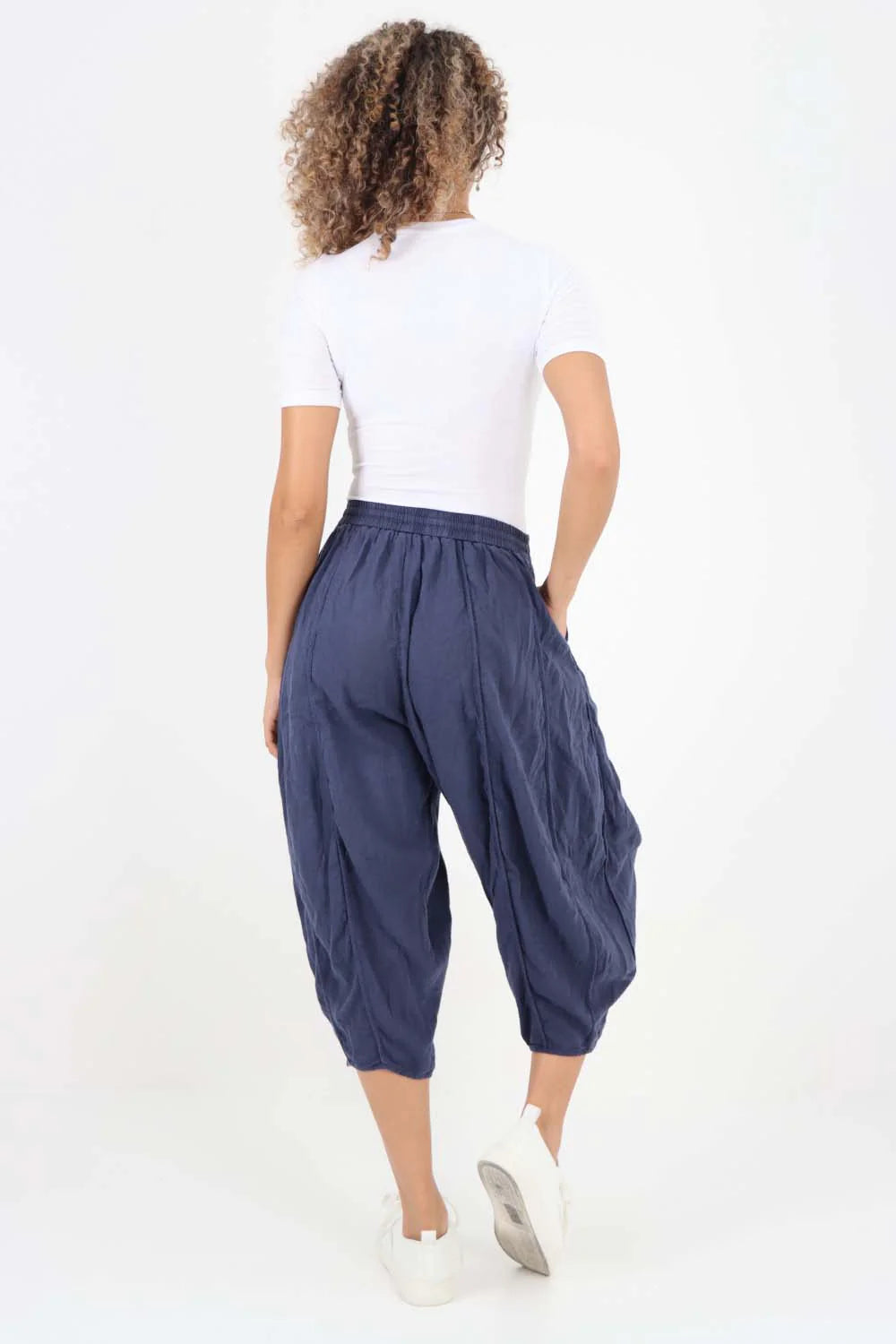 Italian Panelled 3/4 Length Linen Joggers - Dark Denim