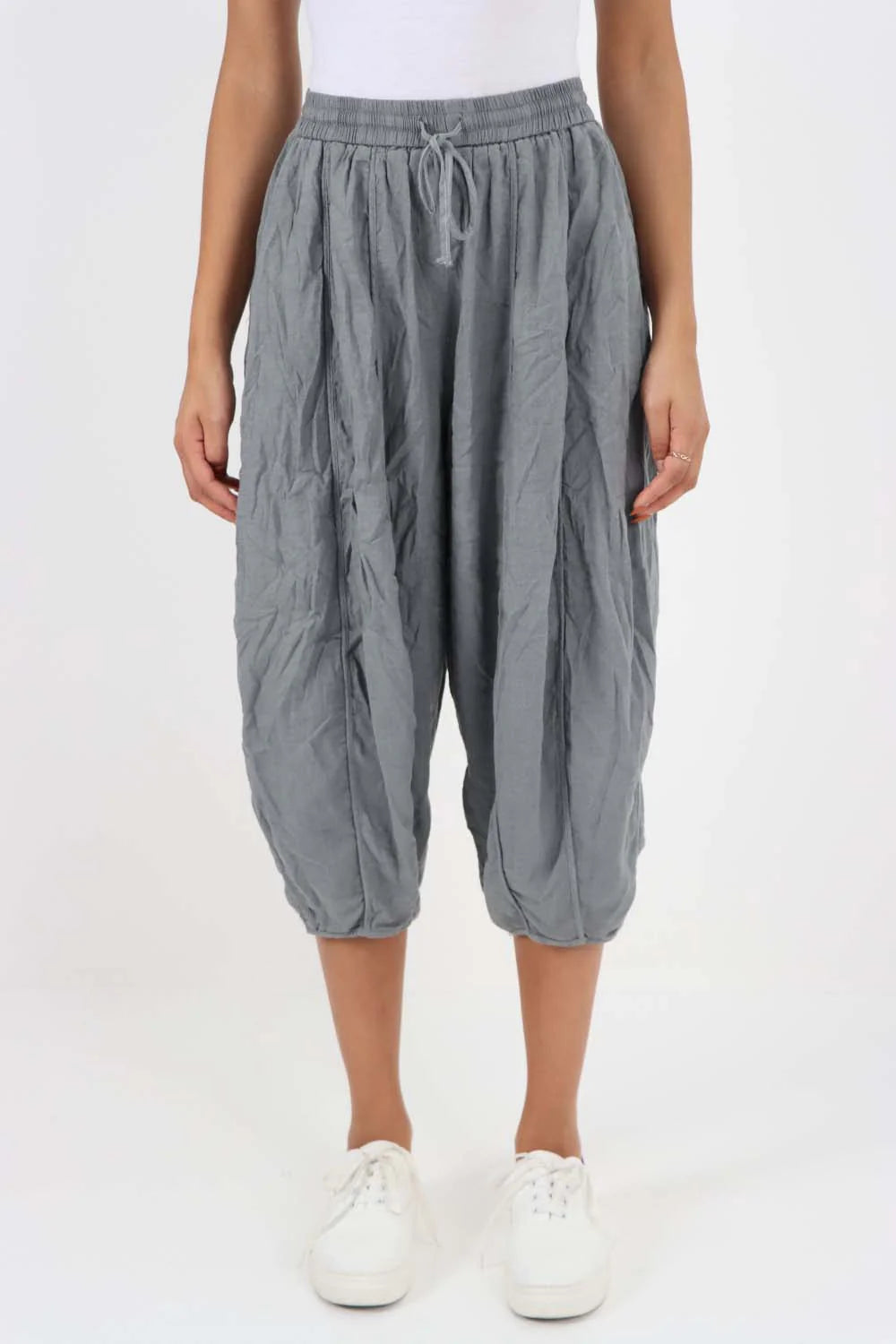 Italian Panelled 3/4 Length Linen Joggers - Grey