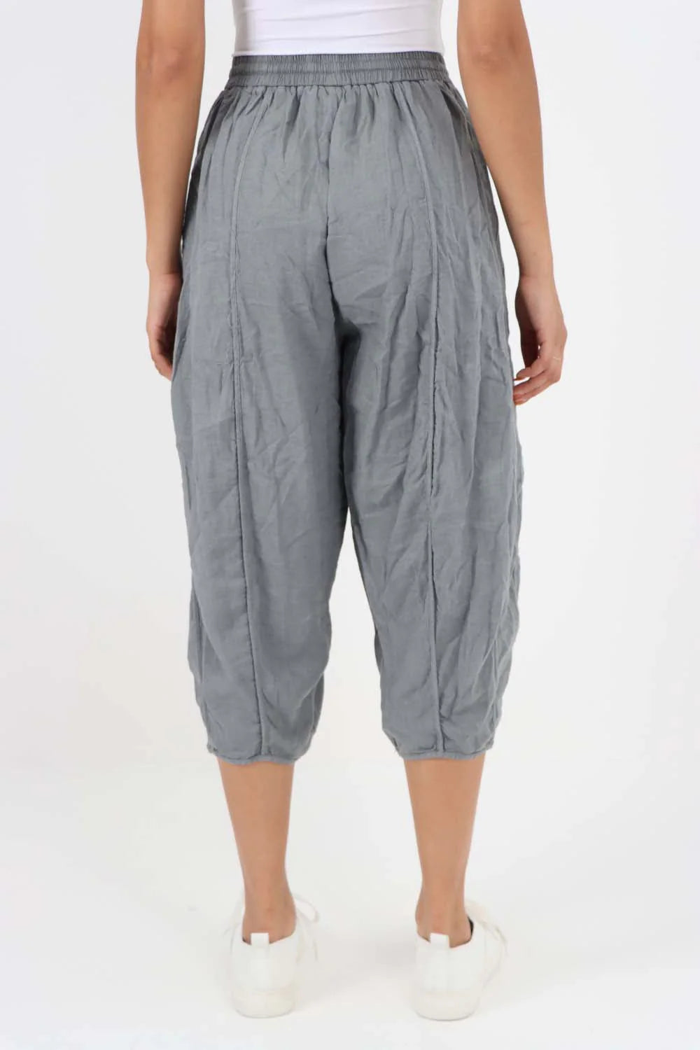 Italian Panelled 3/4 Length Linen Joggers - Grey