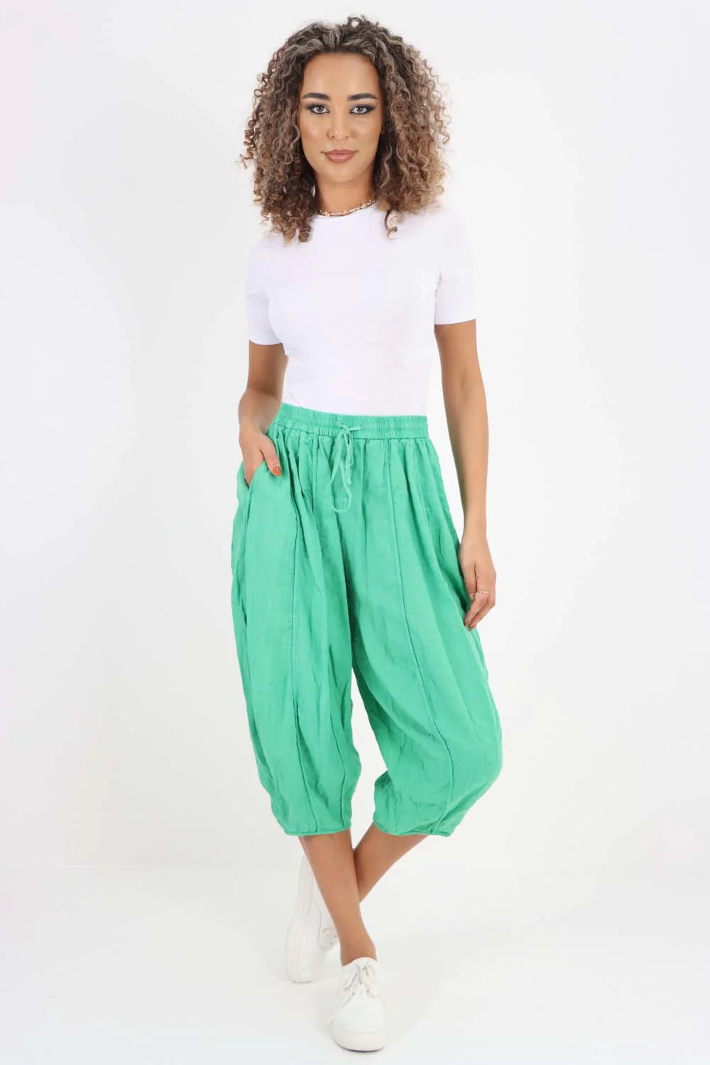 Italian Panelled 3/4 Length Linen Joggers - Jade Green