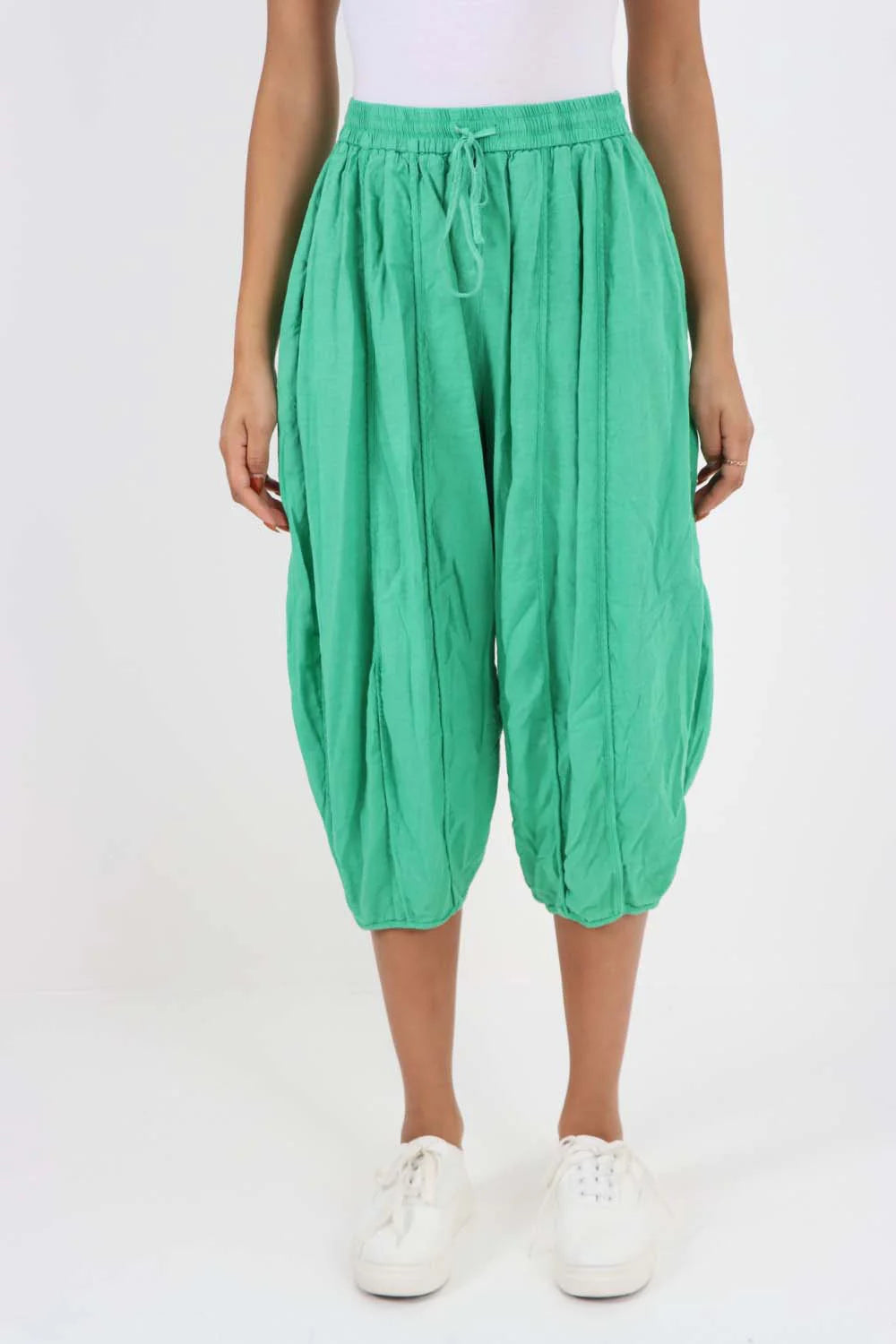 Italian Panelled 3/4 Length Linen Joggers - Jade Green