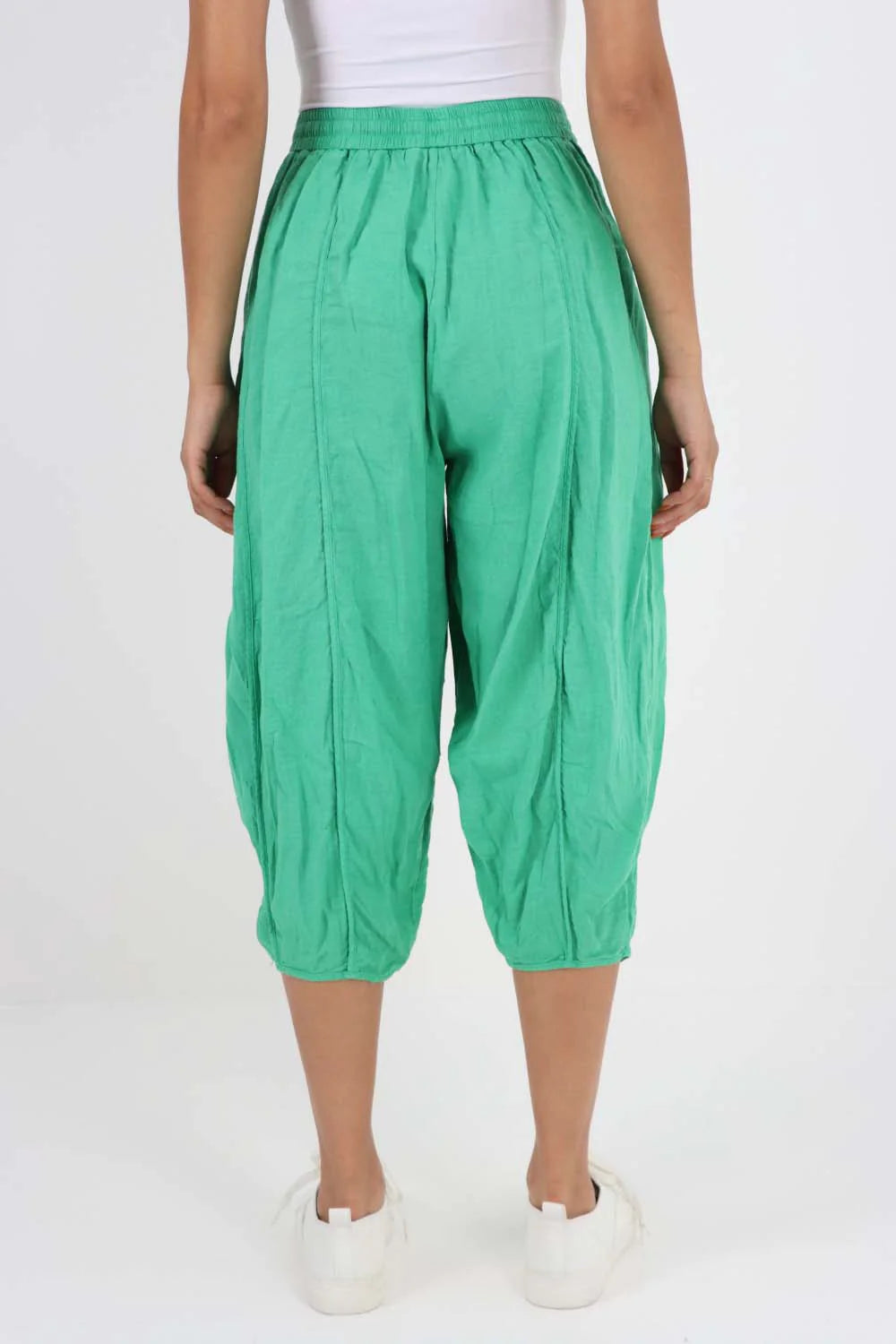 Italian Panelled 3/4 Length Linen Joggers - Jade Green