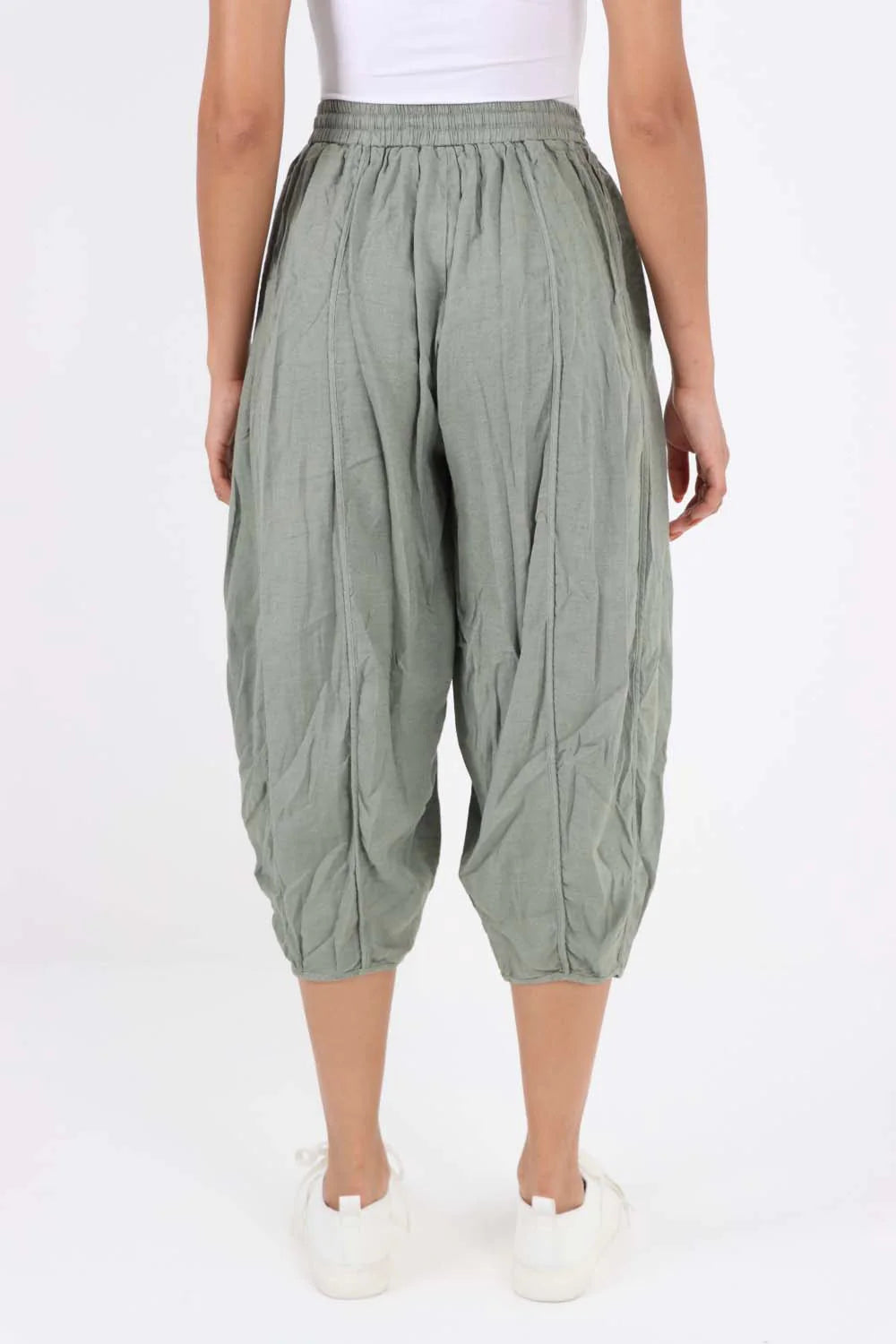 Italian Panelled 3/4 Length Linen Joggers - Khaki