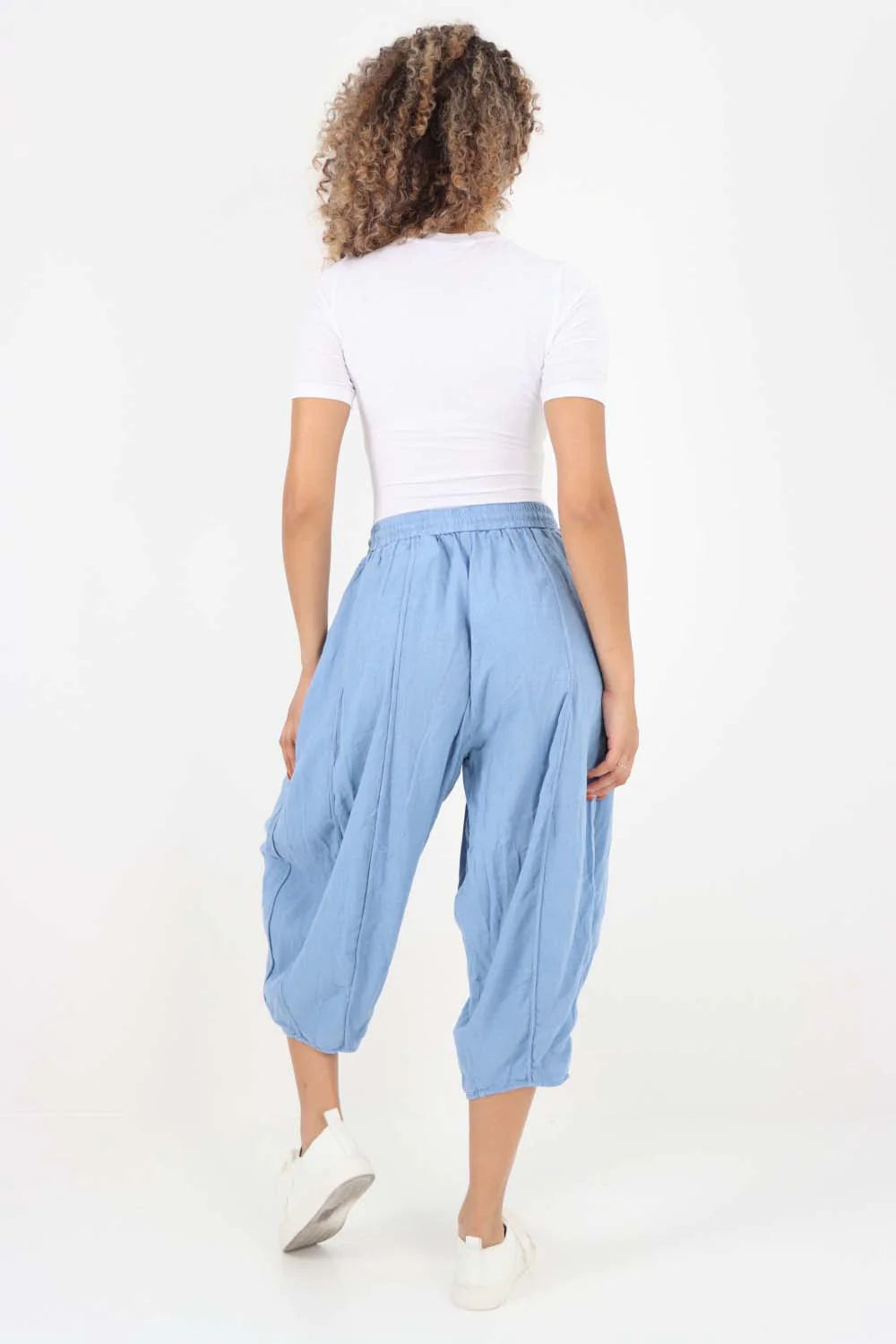 Italian Panelled 3/4 Length Linen Joggers - Light Denim