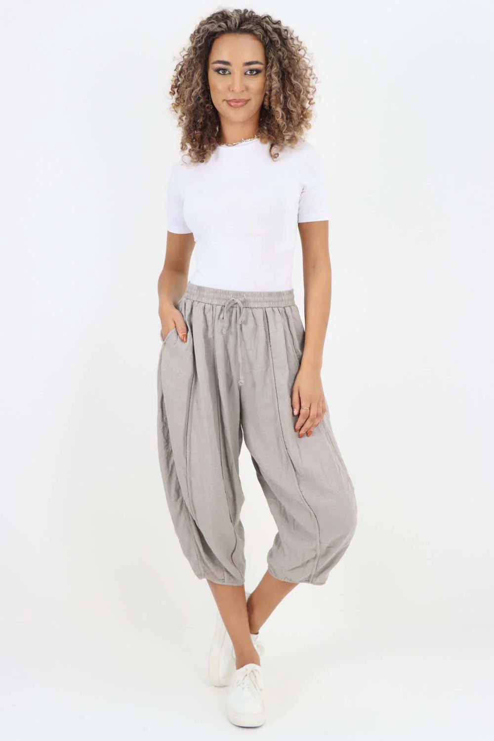 Italian Panelled 3/4 Length Linen Joggers - Stone