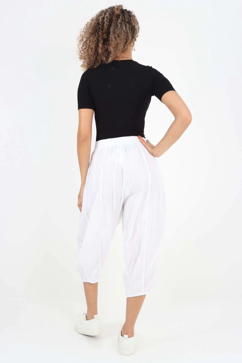 Italian Panelled 3/4 Length Linen Joggers - White