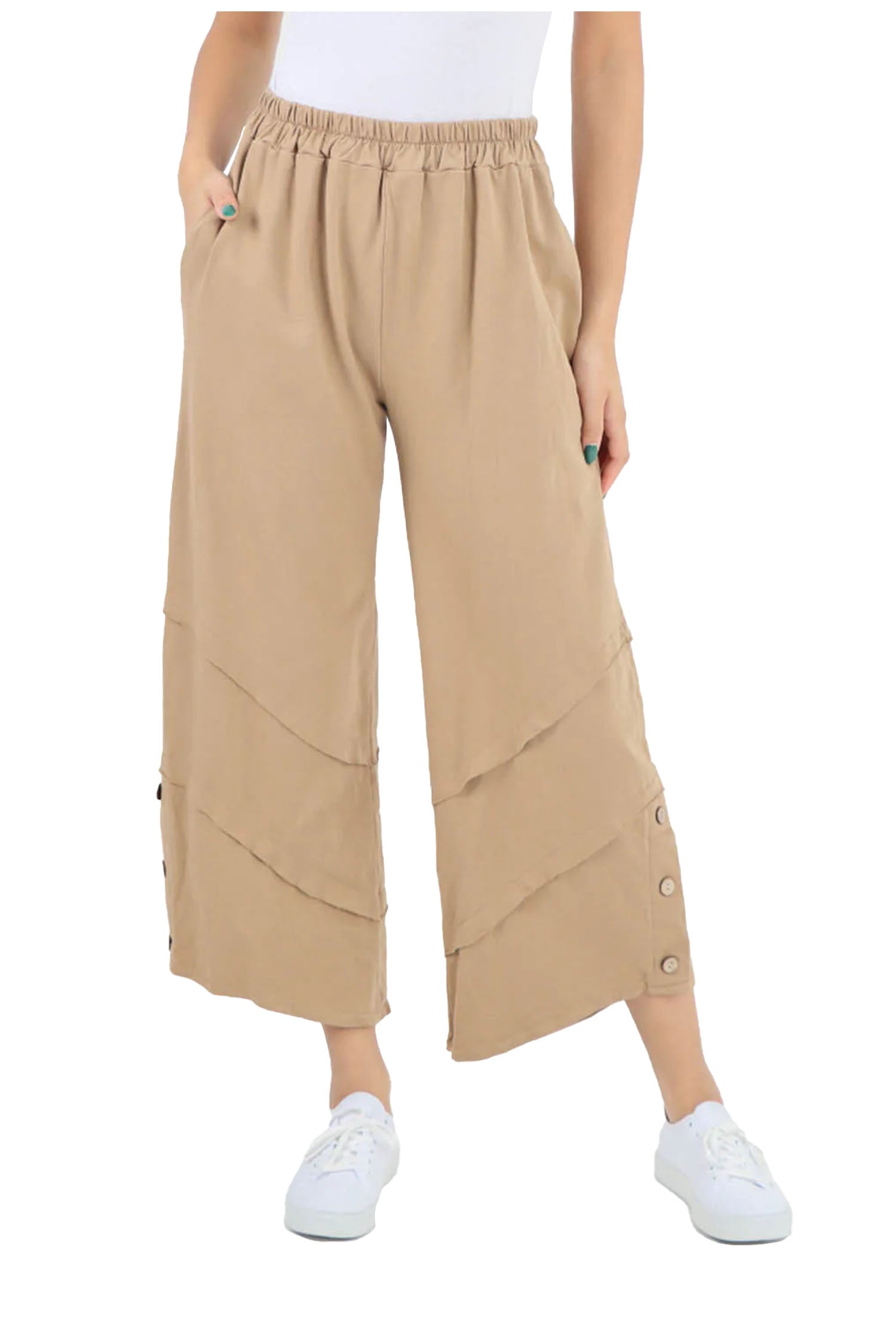 Plain Button Hem Pocket Trouser - Beige