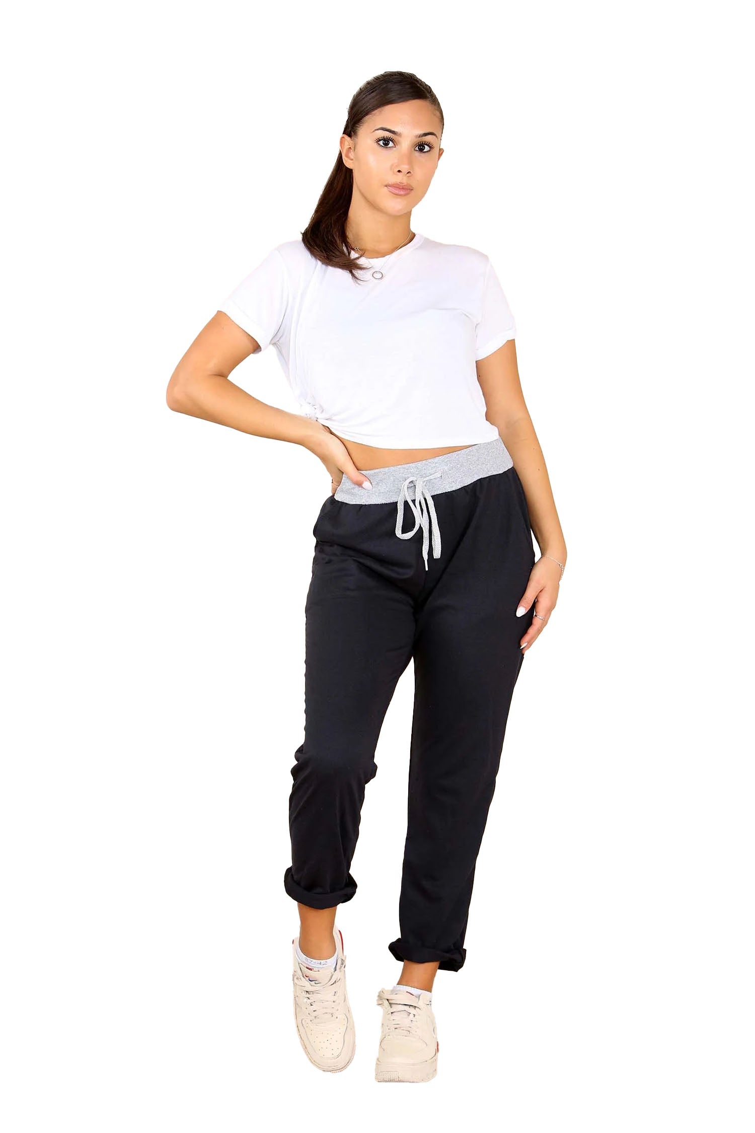 Italian Plain Drawstring Cotton Joggers - Black