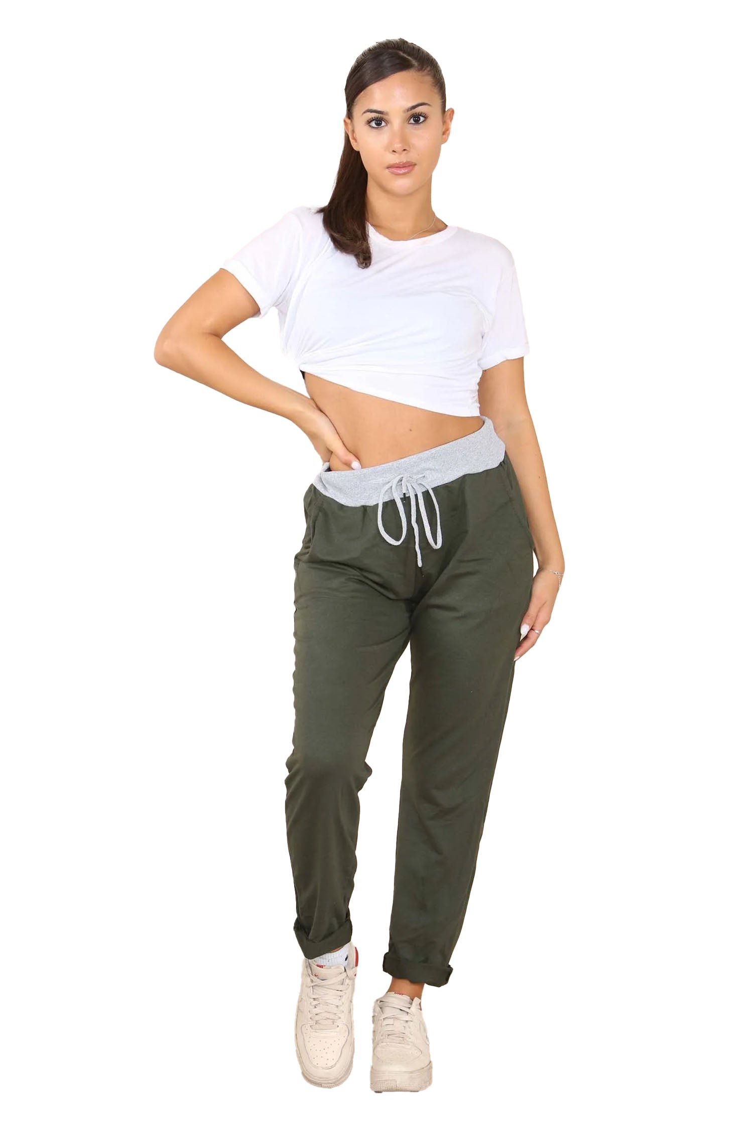 Italian Plain Drawstring Cotton Joggers - Khaki